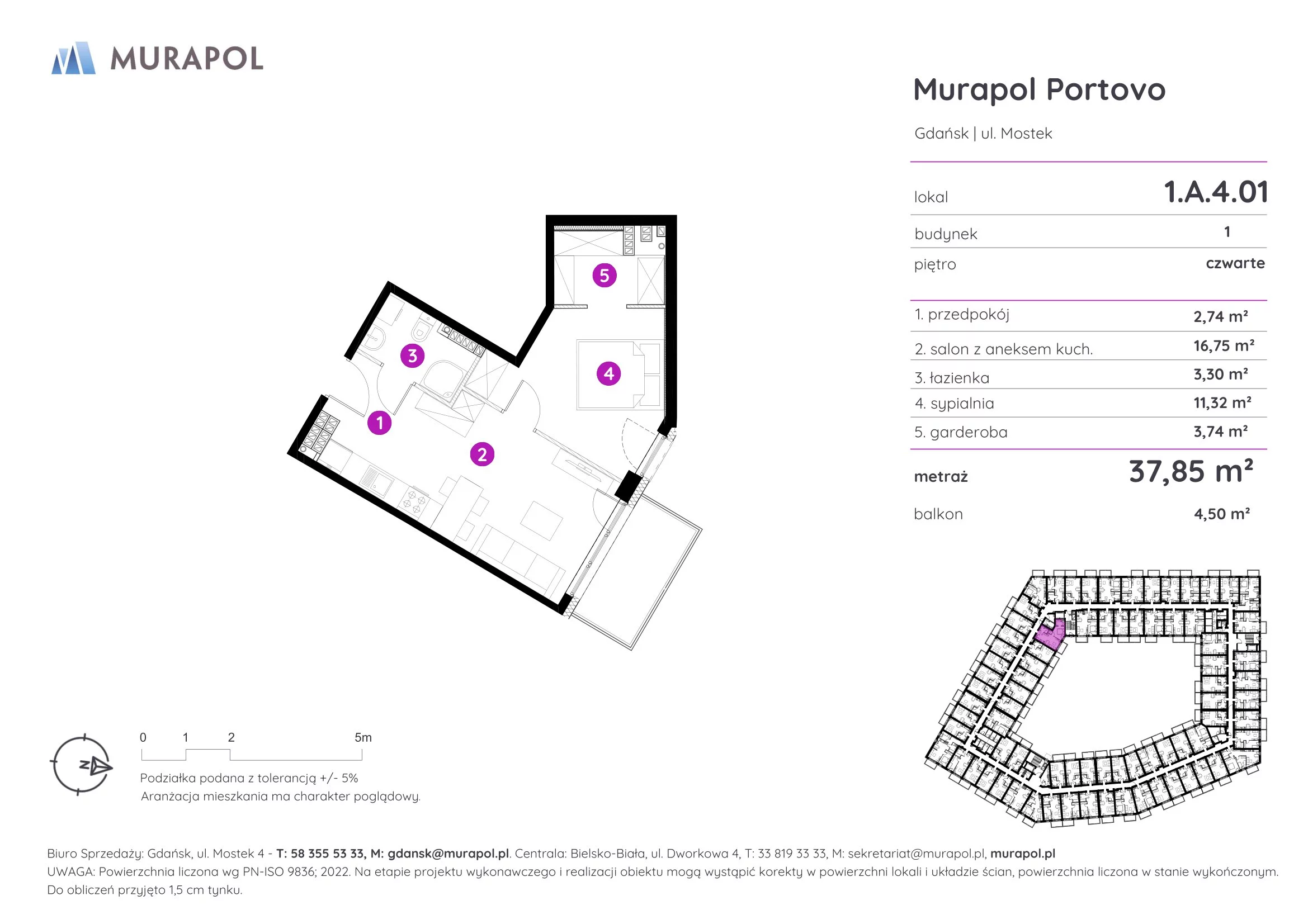 2 pokoje, apartament inwestycyjny 37,85 m², piętro 4, oferta nr 1.A.4.01, Murapol Portovo, Gdańsk, Śródmieście, ul. Mostek