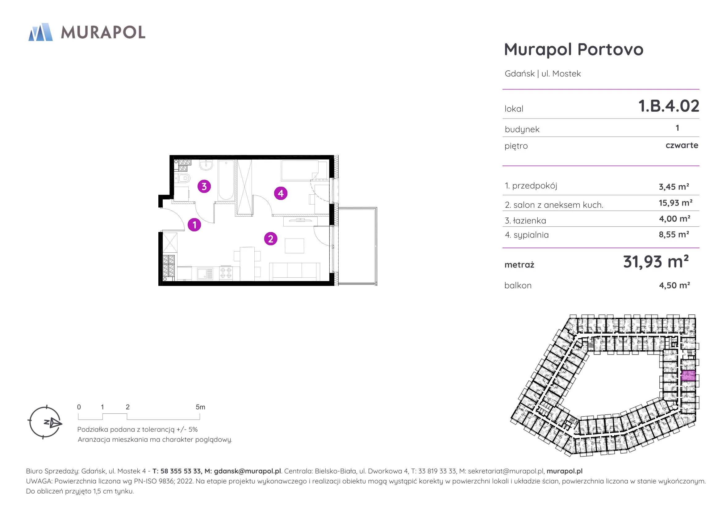 2 pokoje, apartament inwestycyjny 31,93 m², piętro 4, oferta nr 1.B.4.02, Murapol Portovo, Gdańsk, Śródmieście, ul. Mostek
