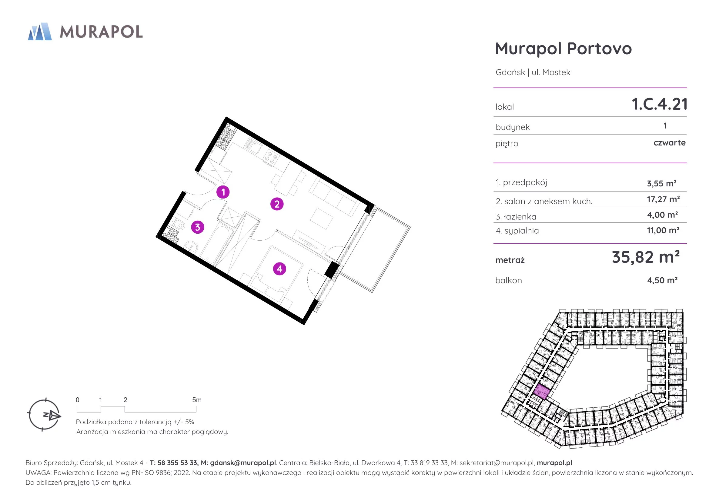 2 pokoje, apartament inwestycyjny 35,82 m², piętro 4, oferta nr 1.C.4.21, Murapol Portovo, Gdańsk, Śródmieście, ul. Mostek