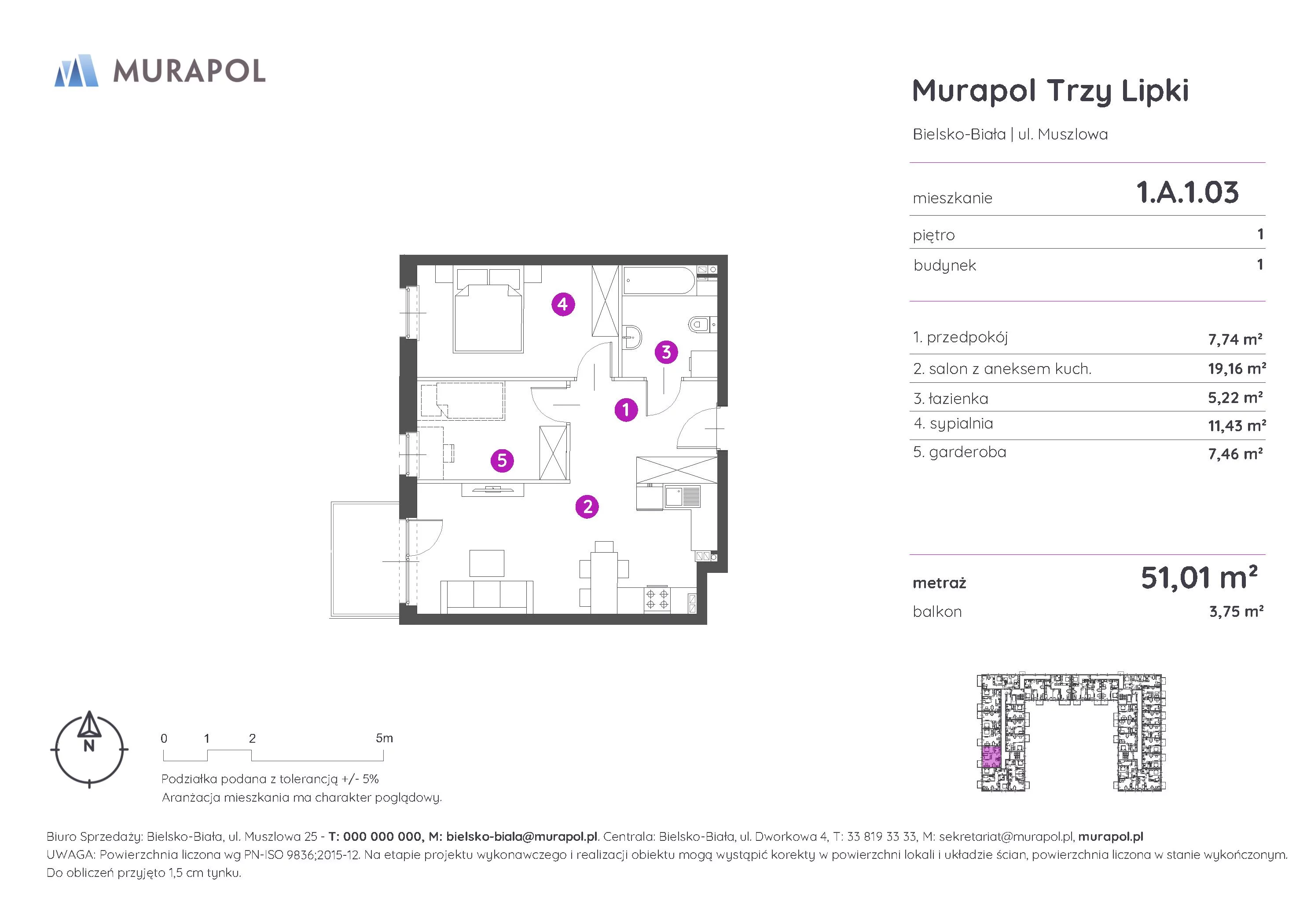 Mieszkanie 51,01 m², piętro 1, oferta nr 1.A.1.03, Murapol Trzy Lipki, Bielsko-Biała, Stare Bielsko, ul. Muszlowa