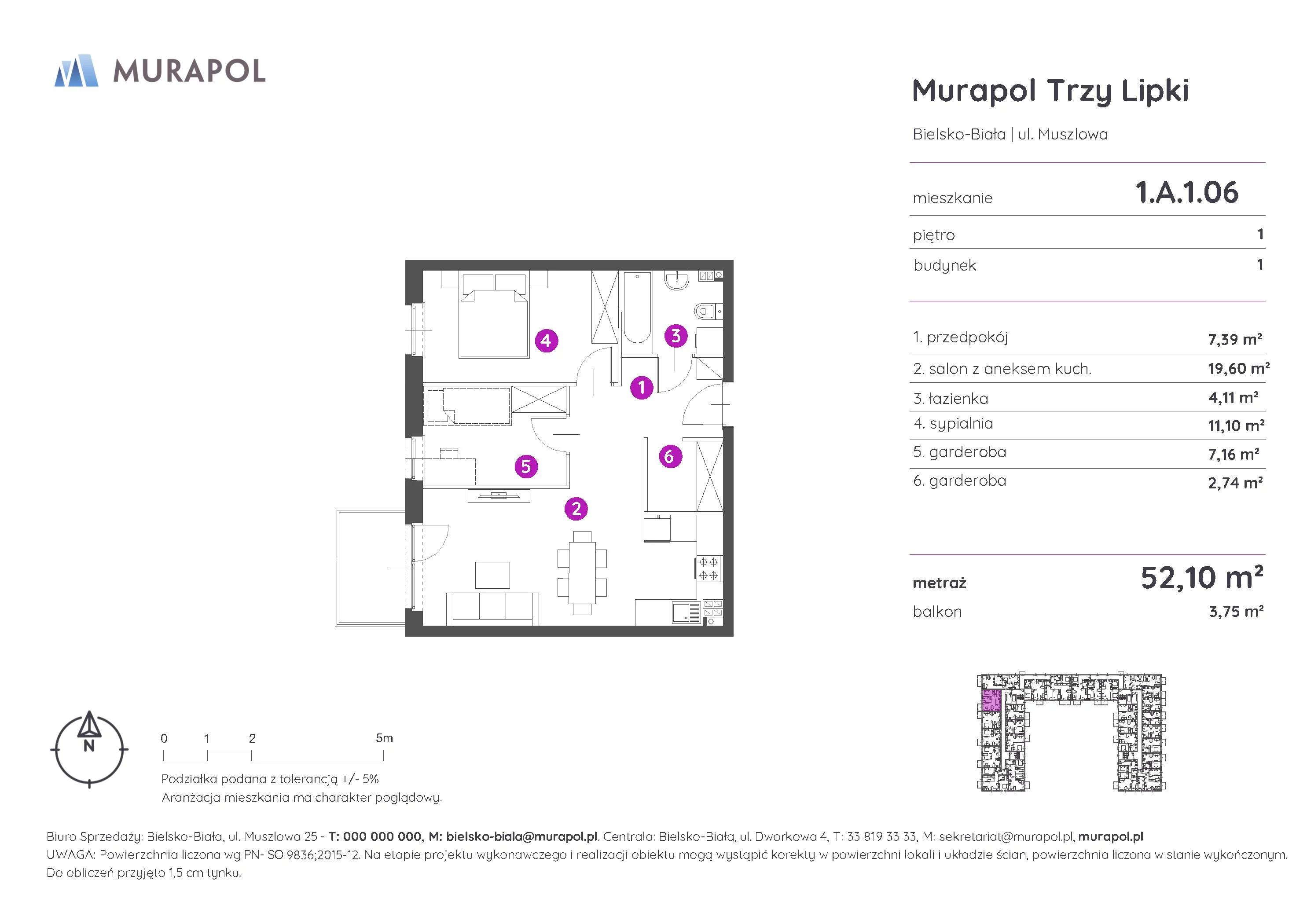 2 pokoje, mieszkanie 52,10 m², piętro 1, oferta nr 1.A.1.06, Murapol Trzy Lipki, Bielsko-Biała, Stare Bielsko, ul. Muszlowa