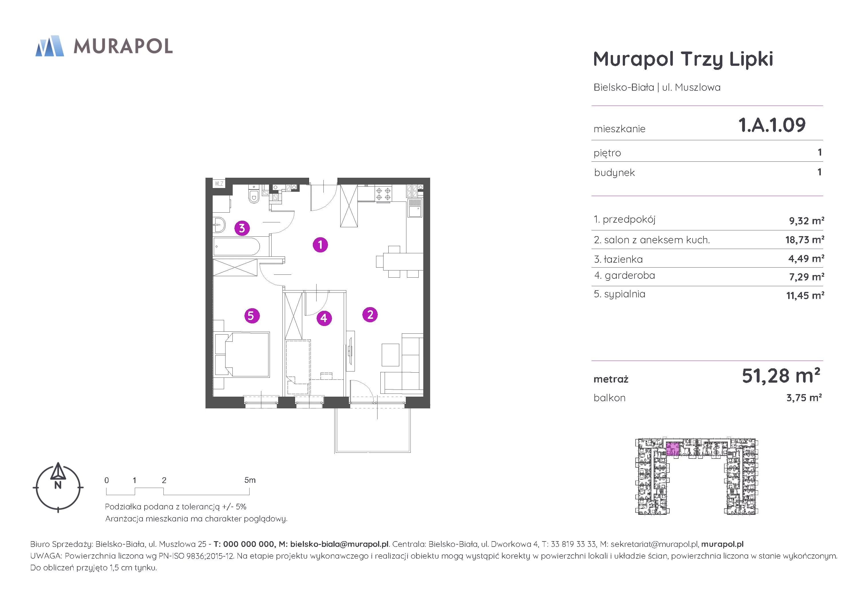 Mieszkanie 51,28 m², piętro 1, oferta nr 1.A.1.09, Murapol Trzy Lipki, Bielsko-Biała, Stare Bielsko, ul. Muszlowa