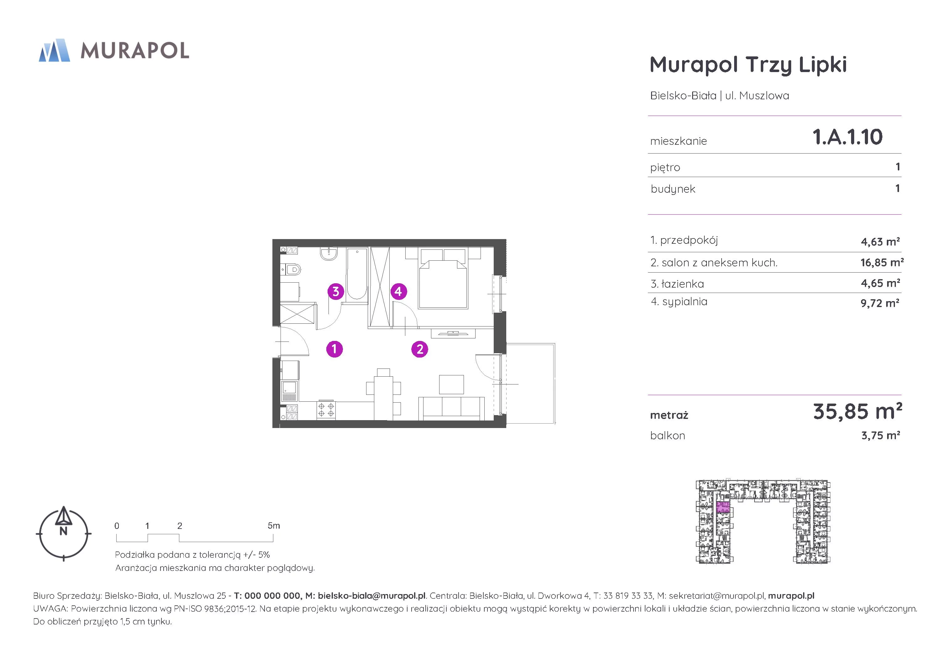 Mieszkanie 35,85 m², piętro 1, oferta nr 1.A.1.10, Murapol Trzy Lipki, Bielsko-Biała, Stare Bielsko, ul. Muszlowa