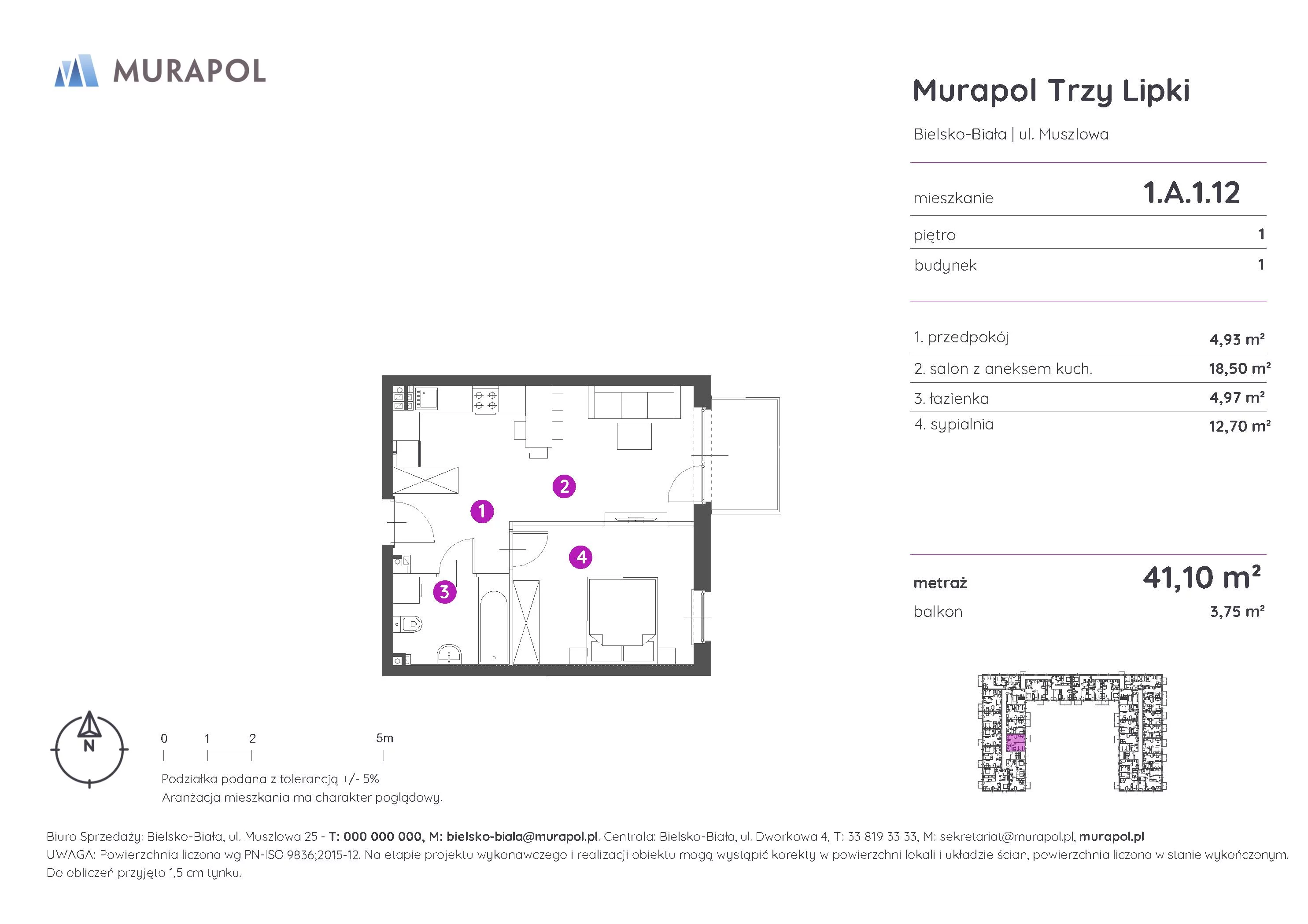 Mieszkanie 41,10 m², piętro 1, oferta nr 1.A.1.12, Murapol Trzy Lipki, Bielsko-Biała, Stare Bielsko, ul. Muszlowa