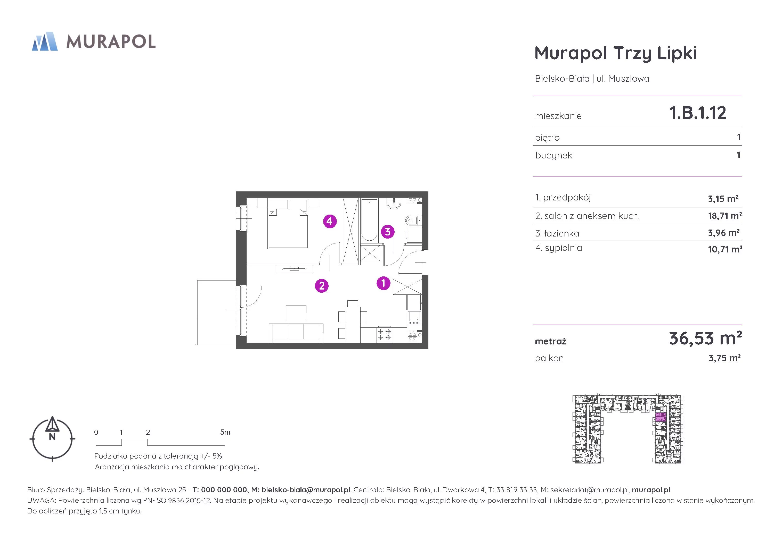 Mieszkanie 36,53 m², piętro 1, oferta nr 1.B.1.12, Murapol Trzy Lipki, Bielsko-Biała, Stare Bielsko, ul. Muszlowa