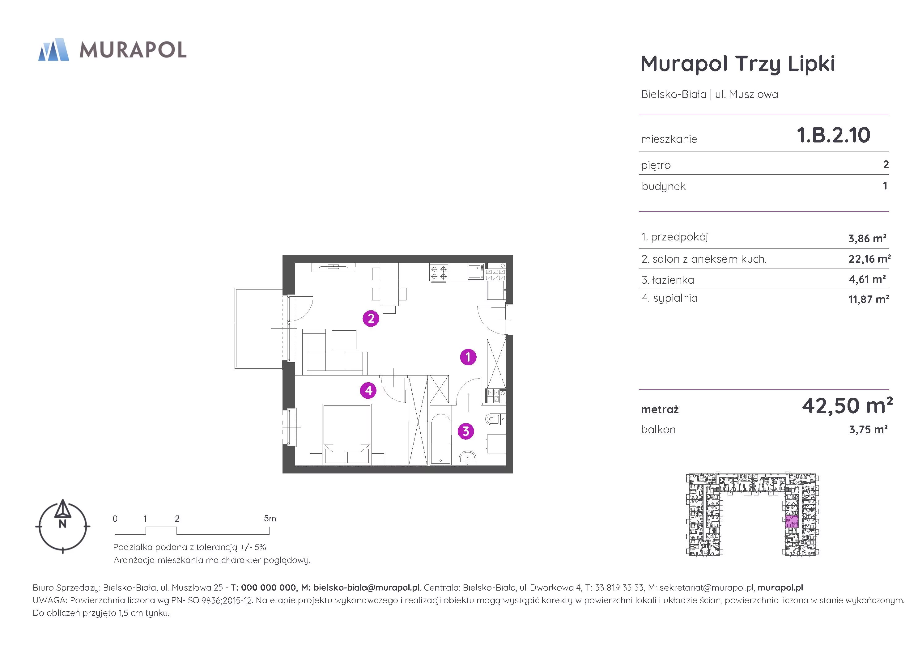 Mieszkanie 42,50 m², piętro 2, oferta nr 1.B.2.10, Murapol Trzy Lipki, Bielsko-Biała, Stare Bielsko, ul. Muszlowa