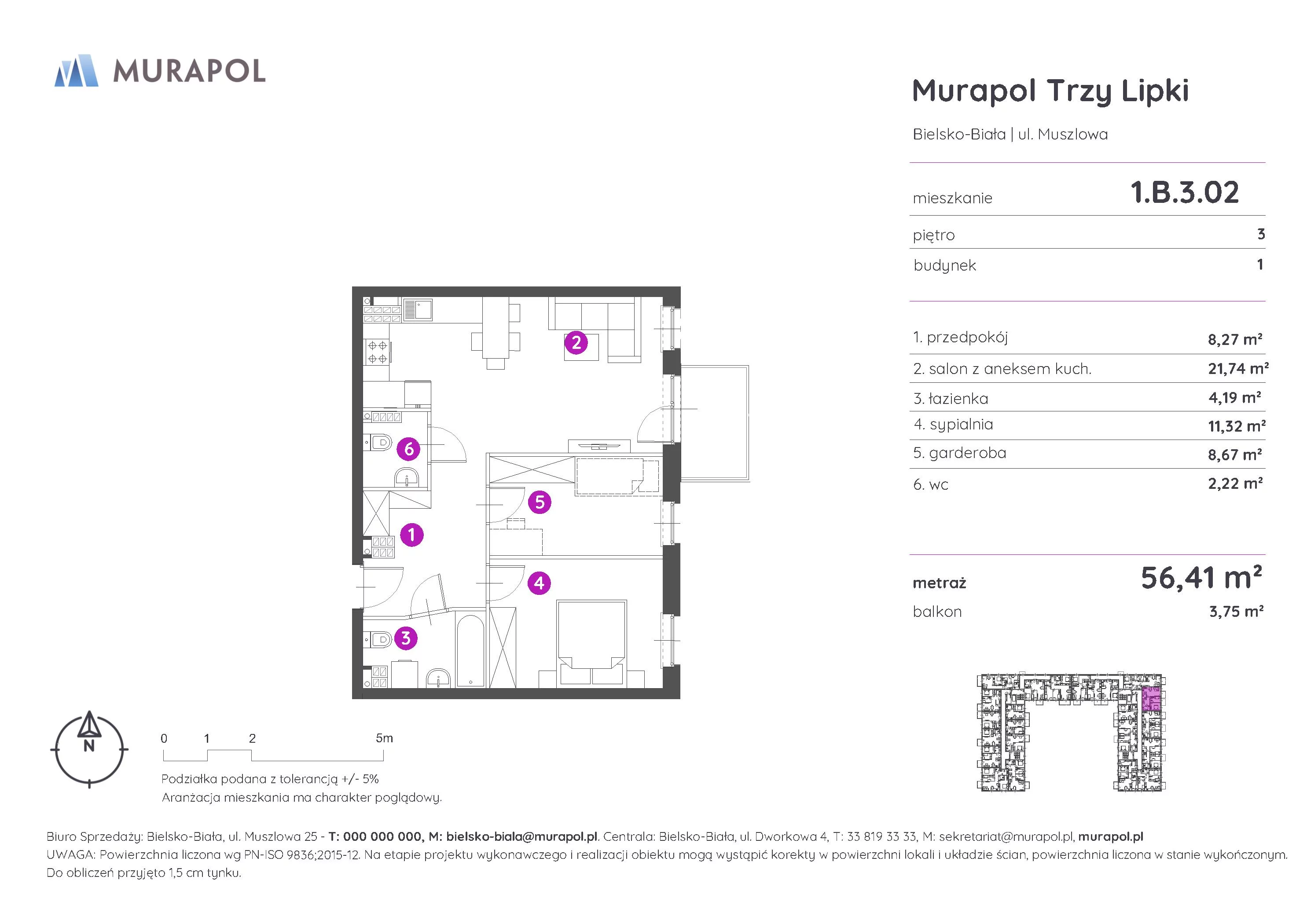 2 pokoje, mieszkanie 56,41 m², piętro 3, oferta nr 1.B.3.02, Murapol Trzy Lipki, Bielsko-Biała, Stare Bielsko, ul. Muszlowa