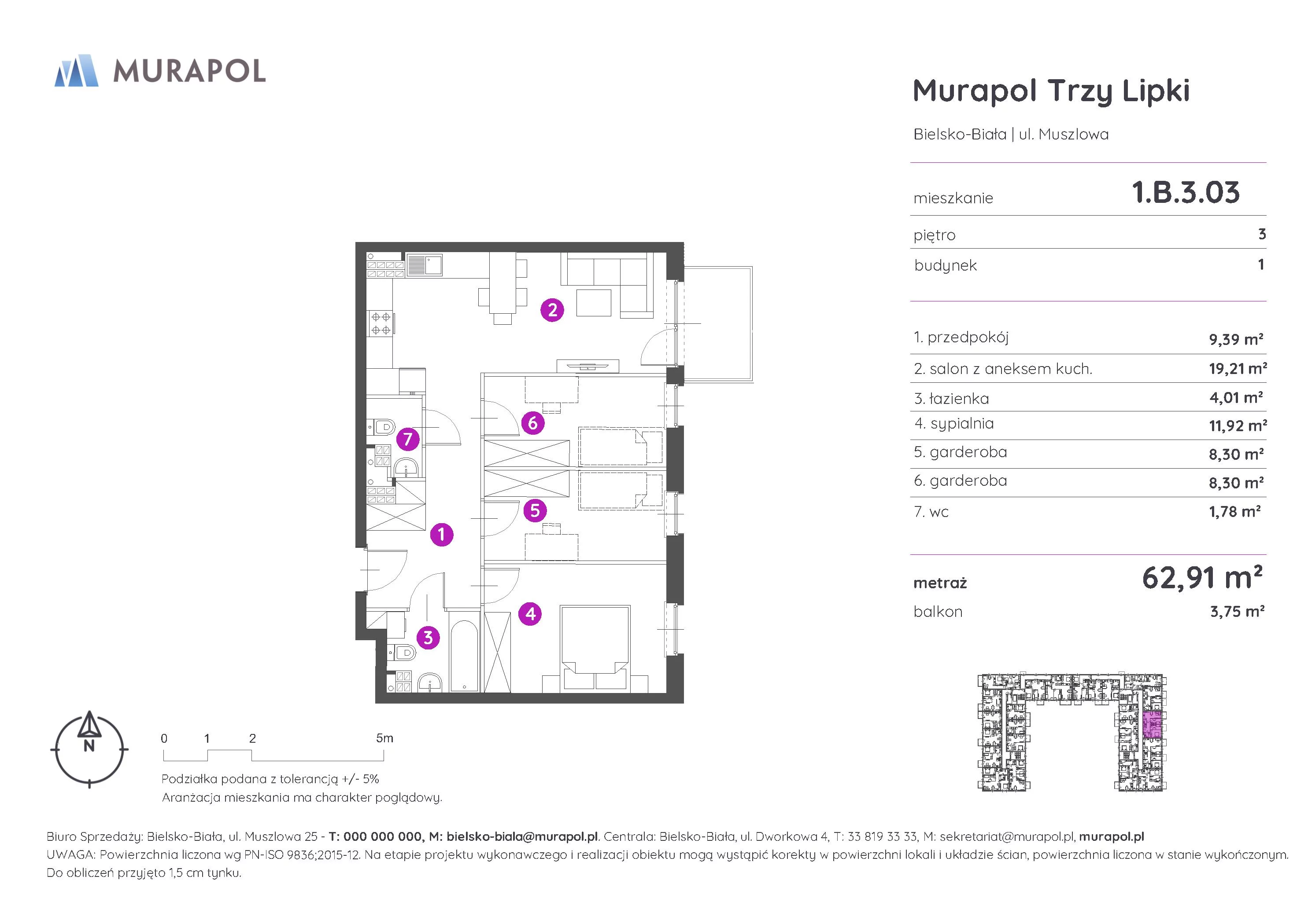 Mieszkanie 62,91 m², piętro 3, oferta nr 1.B.3.03, Murapol Trzy Lipki, Bielsko-Biała, Stare Bielsko, ul. Muszlowa