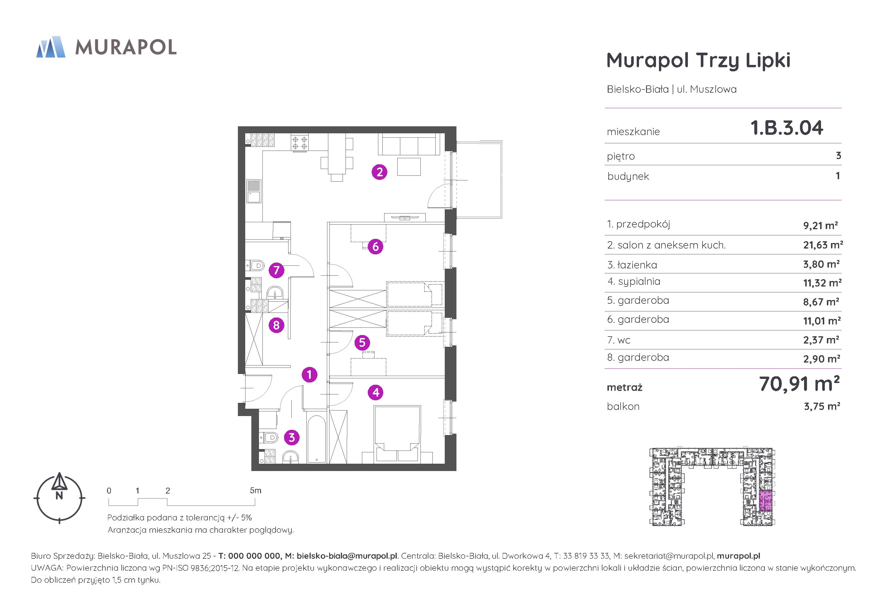 Mieszkanie 70,91 m², piętro 3, oferta nr 1.B.3.04, Murapol Trzy Lipki, Bielsko-Biała, Stare Bielsko, ul. Muszlowa-idx