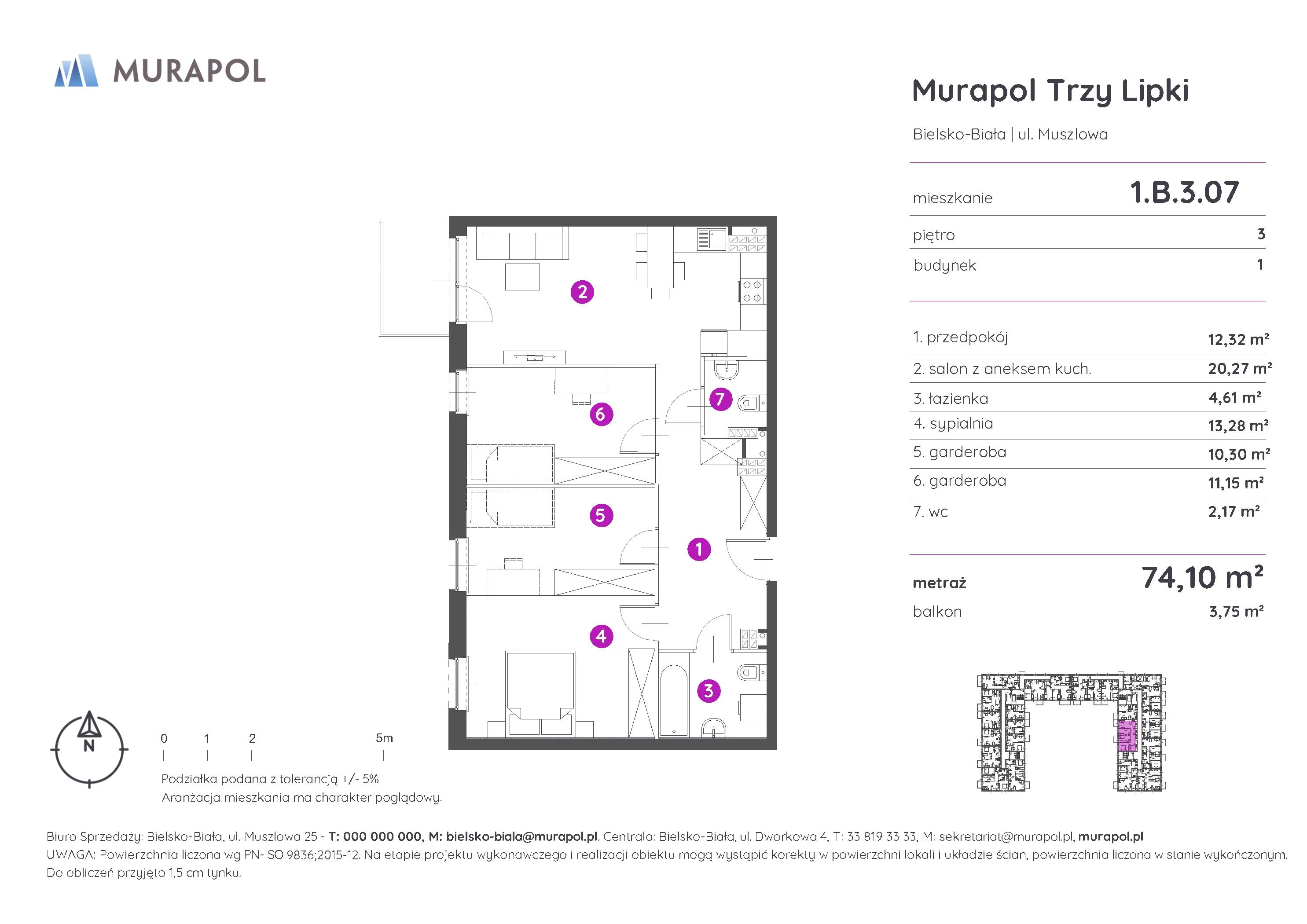 2 pokoje, mieszkanie 74,10 m², piętro 3, oferta nr 1.B.3.07, Murapol Trzy Lipki, Bielsko-Biała, Stare Bielsko, ul. Muszlowa