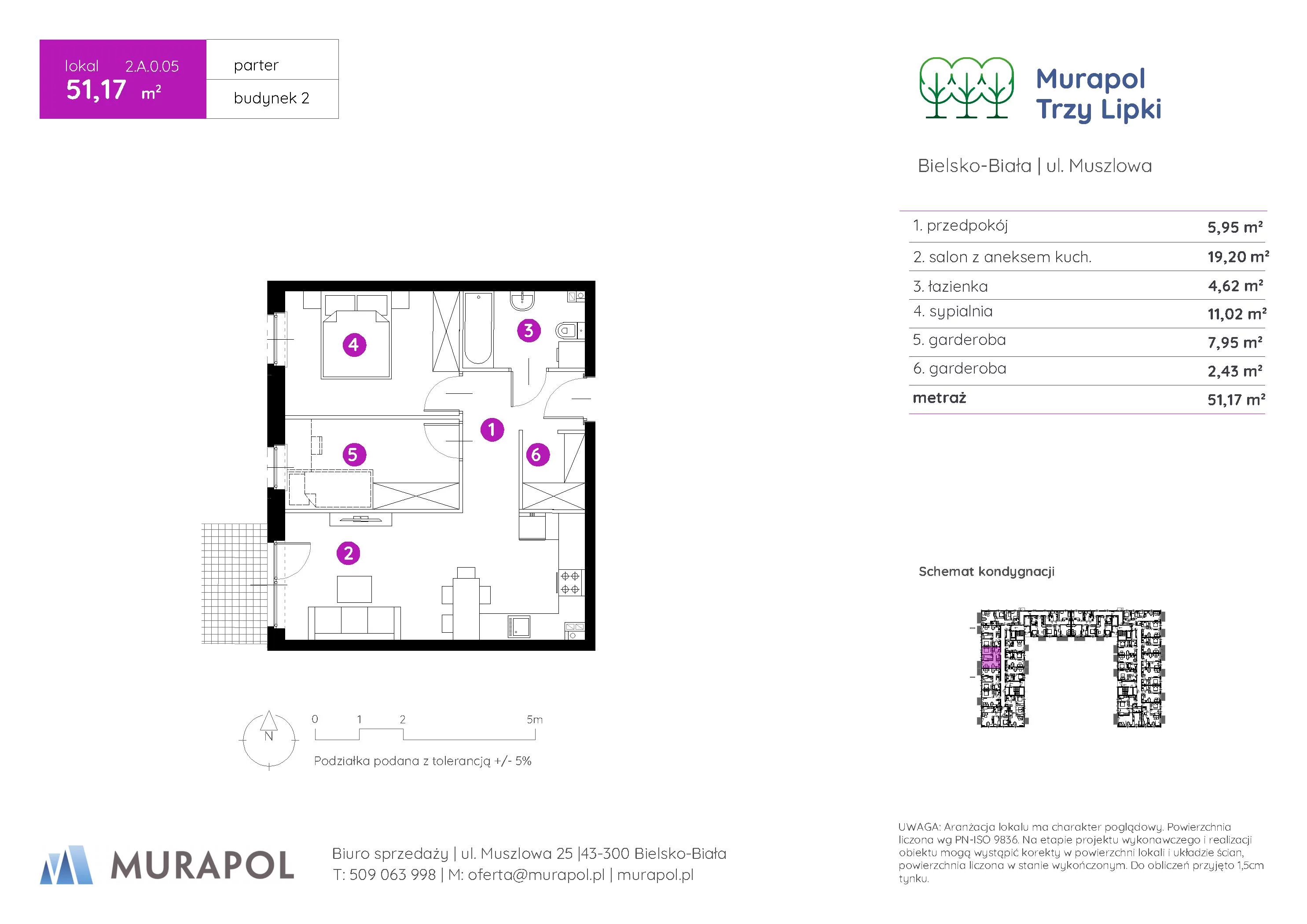 Mieszkanie 51,17 m², parter, oferta nr 2.A.0.05, Murapol Trzy Lipki, Bielsko-Biała, Stare Bielsko, ul. Muszlowa