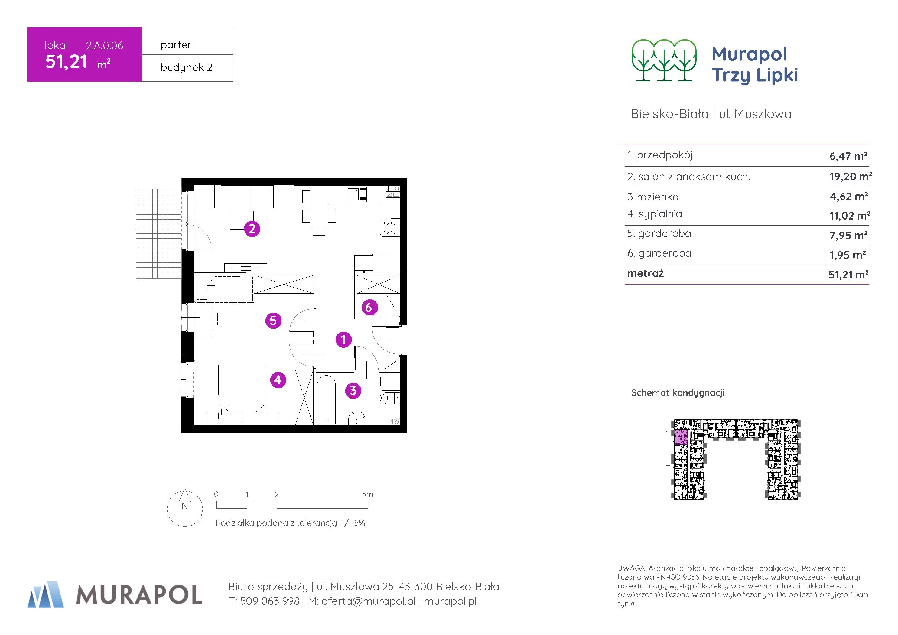 Mieszkanie 51,21 m², parter, oferta nr 2.A.0.06, Murapol Trzy Lipki, Bielsko-Biała, Stare Bielsko, ul. Muszlowa