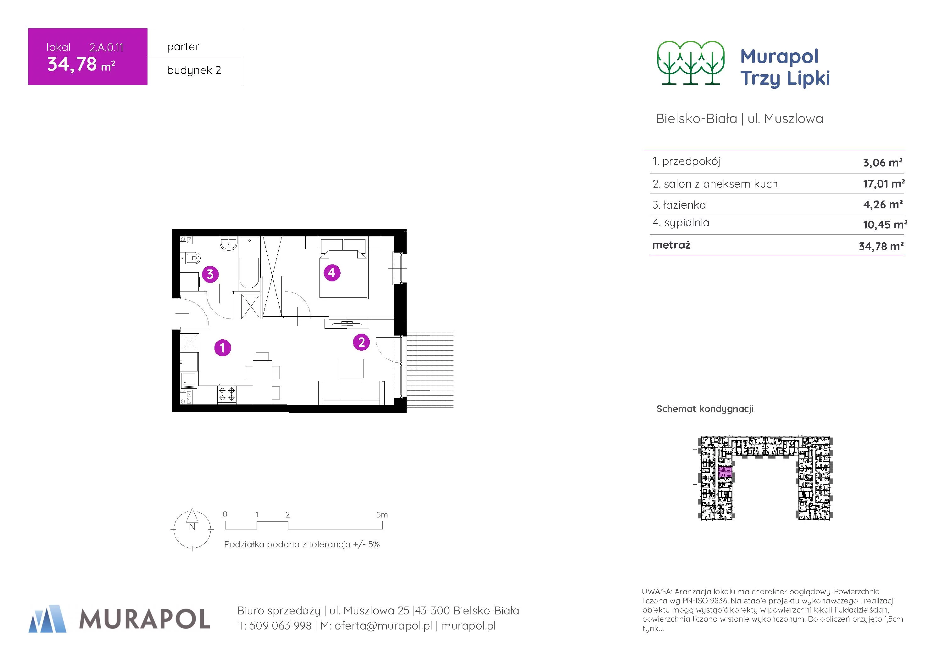 Mieszkanie 34,78 m², parter, oferta nr 2.A.0.11, Murapol Trzy Lipki, Bielsko-Biała, Stare Bielsko, ul. Muszlowa