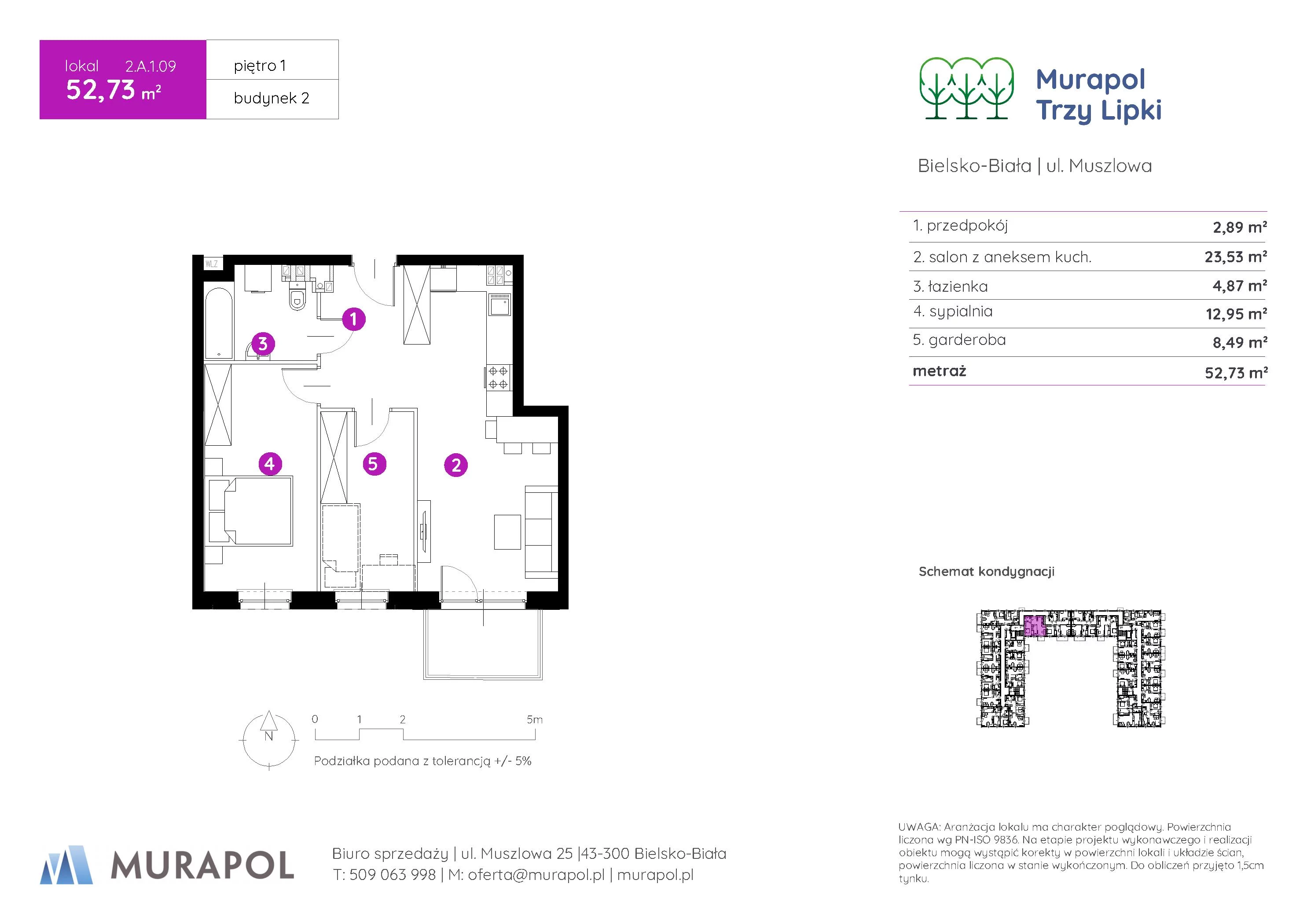 Mieszkanie 52,73 m², piętro 1, oferta nr 2.A.1.09, Murapol Trzy Lipki, Bielsko-Biała, Stare Bielsko, ul. Muszlowa