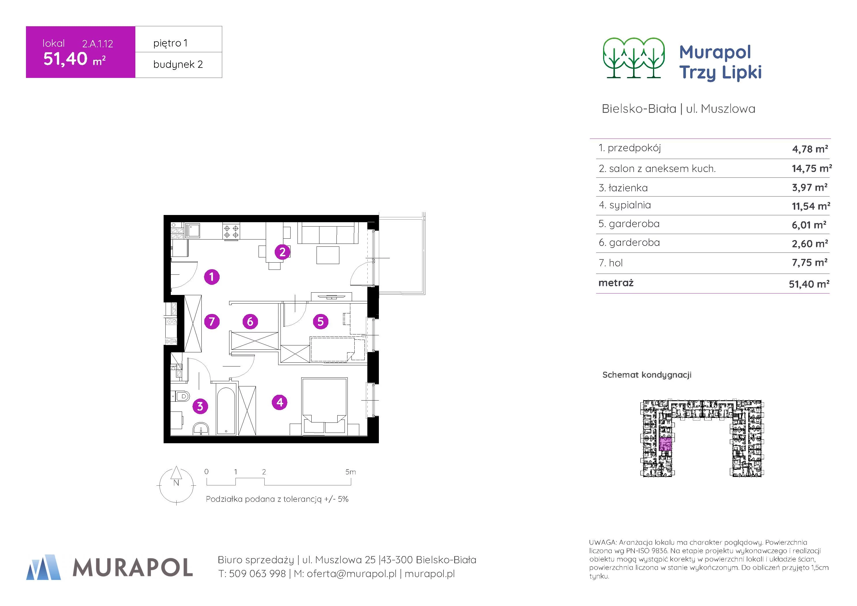 Mieszkanie 51,40 m², piętro 1, oferta nr 2.A.1.12, Murapol Trzy Lipki, Bielsko-Biała, Stare Bielsko, ul. Muszlowa