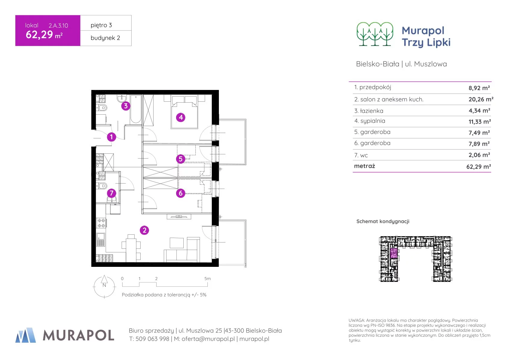 Mieszkanie 62,29 m², piętro 3, oferta nr 2.A.3.10, Murapol Trzy Lipki, Bielsko-Biała, Stare Bielsko, ul. Muszlowa