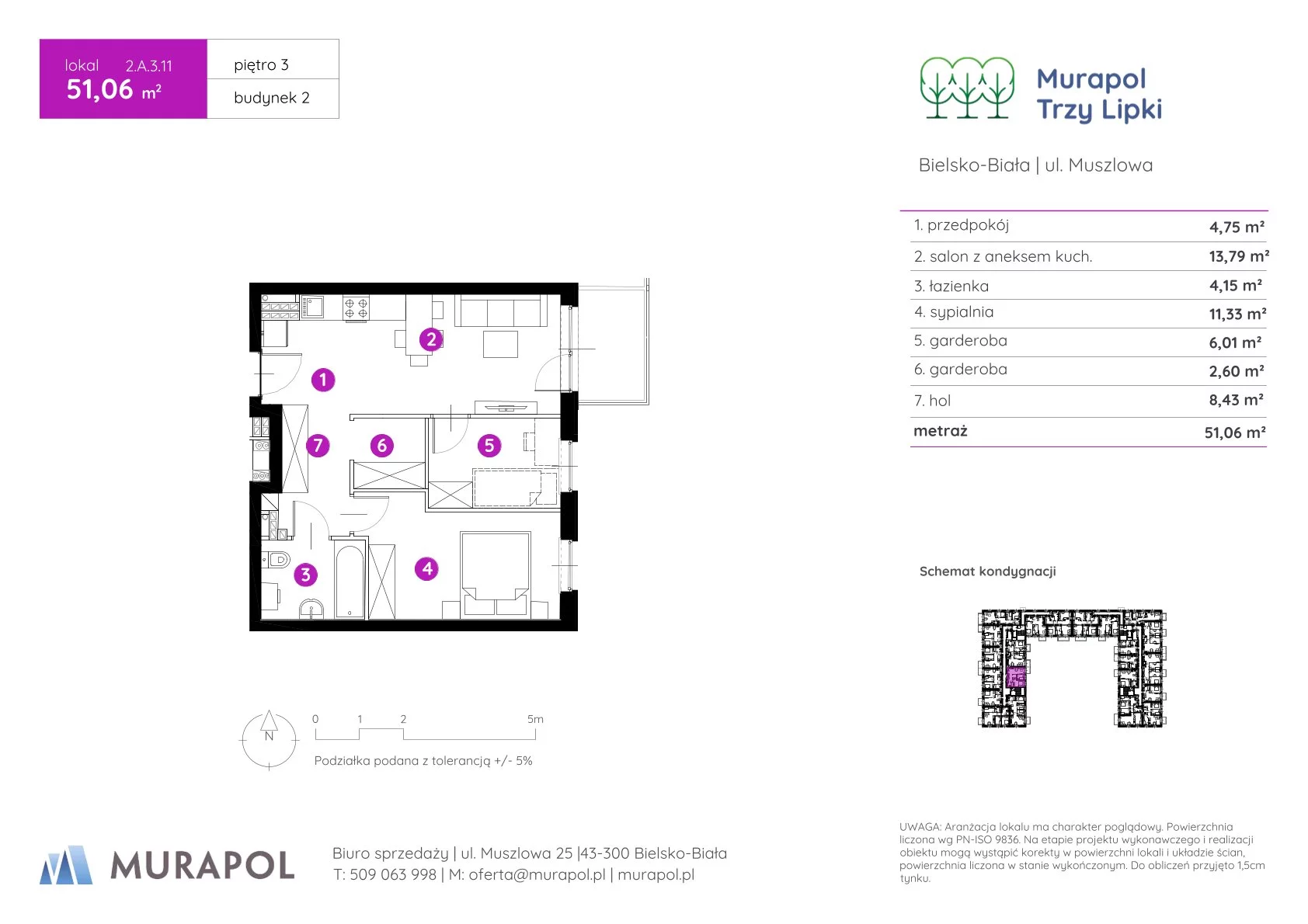 Mieszkanie 51,06 m², piętro 3, oferta nr 2.A.3.11, Murapol Trzy Lipki, Bielsko-Biała, Stare Bielsko, ul. Muszlowa