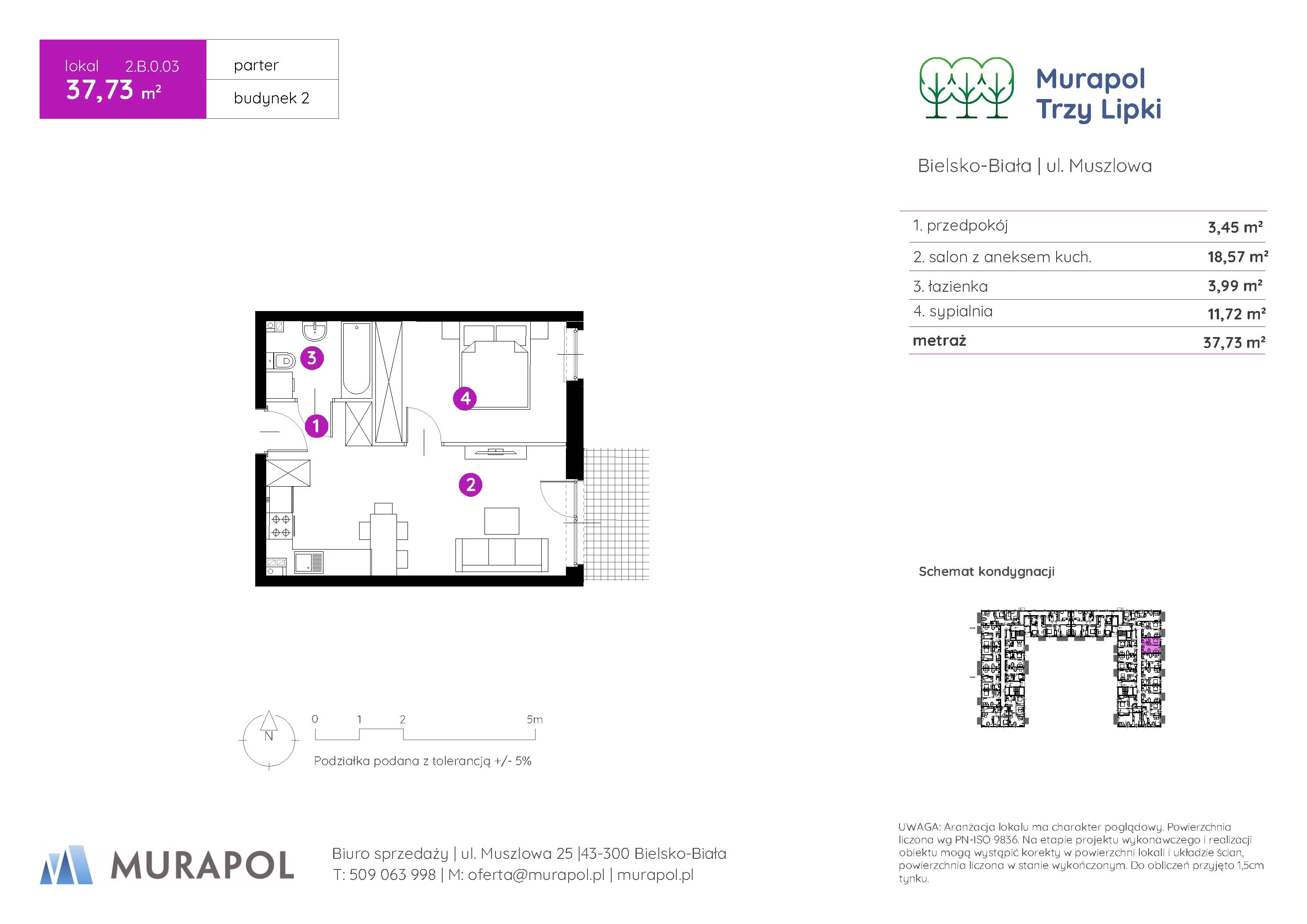 Mieszkanie 37,73 m², parter, oferta nr 2.B.0.03, Murapol Trzy Lipki, Bielsko-Biała, Stare Bielsko, ul. Muszlowa