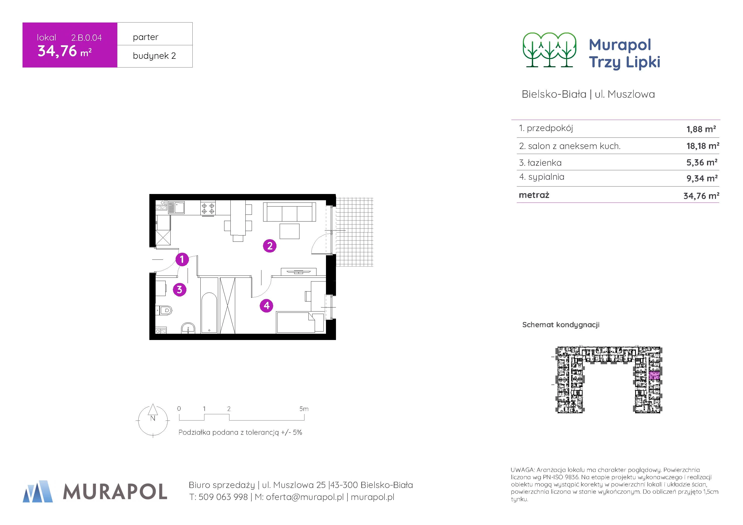 Mieszkanie 34,76 m², parter, oferta nr 2.B.0.04, Murapol Trzy Lipki, Bielsko-Biała, Stare Bielsko, ul. Muszlowa