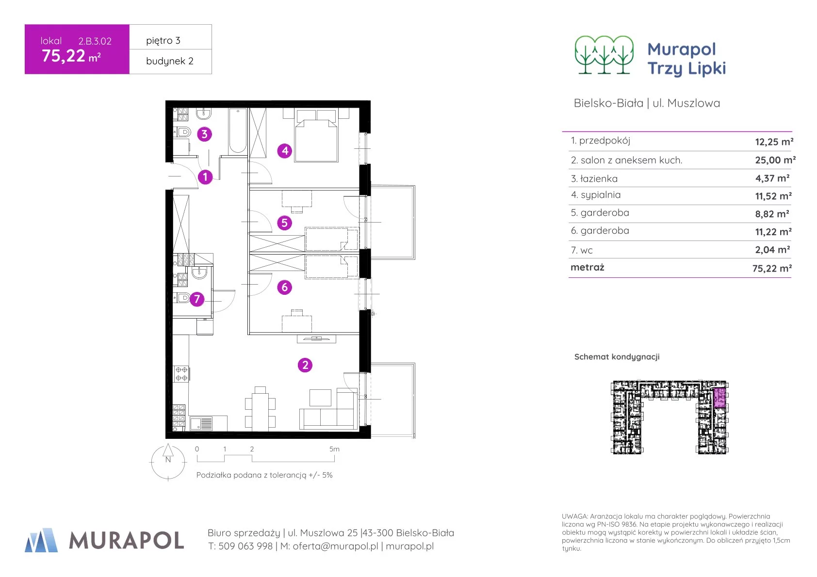 Mieszkanie 75,22 m², piętro 3, oferta nr 2.B.3.02, Murapol Trzy Lipki, Bielsko-Biała, Stare Bielsko, ul. Muszlowa