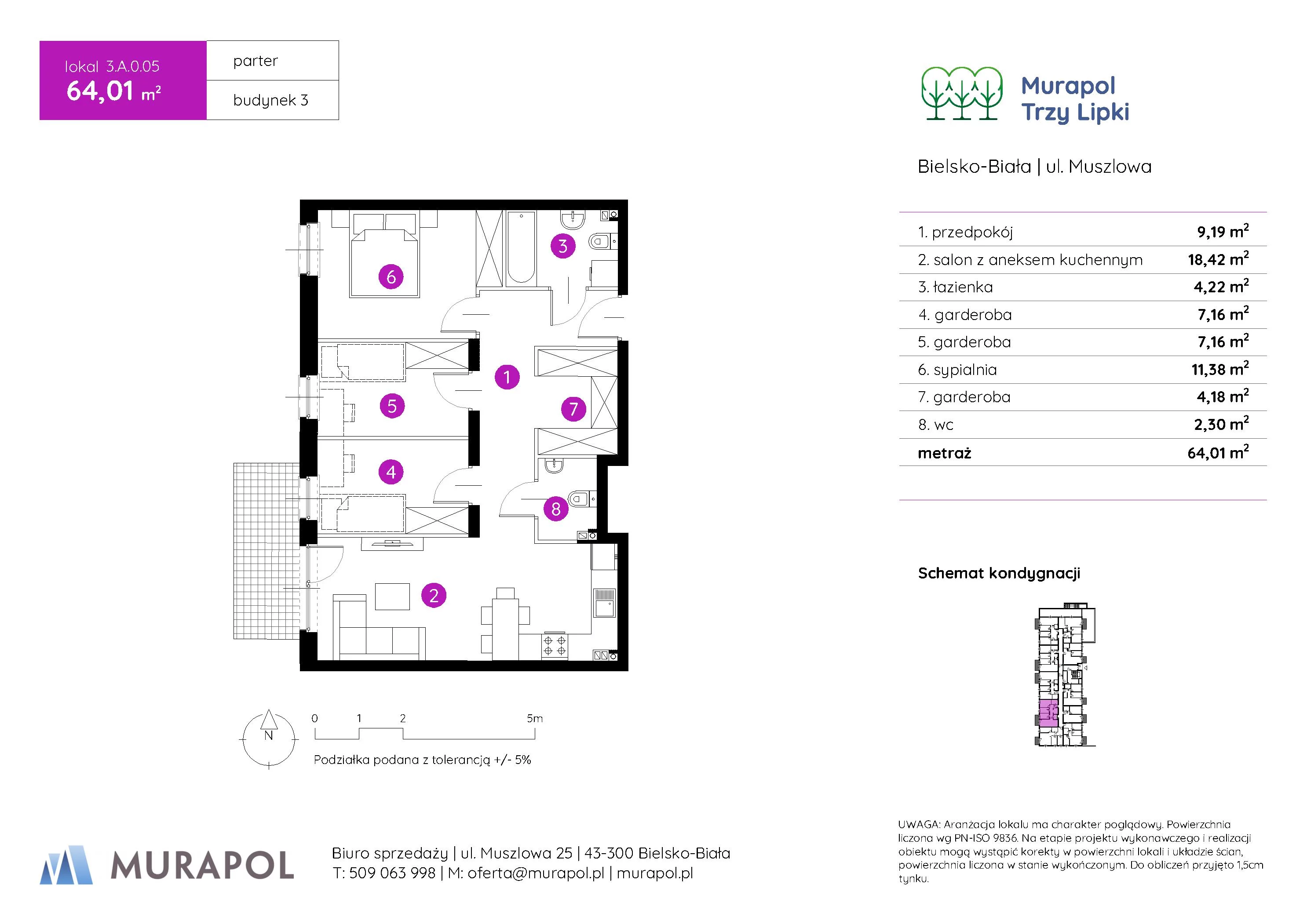 Mieszkanie 64,01 m², parter, oferta nr 3.A.0.05, Murapol Trzy Lipki, Bielsko-Biała, Stare Bielsko, ul. Muszlowa