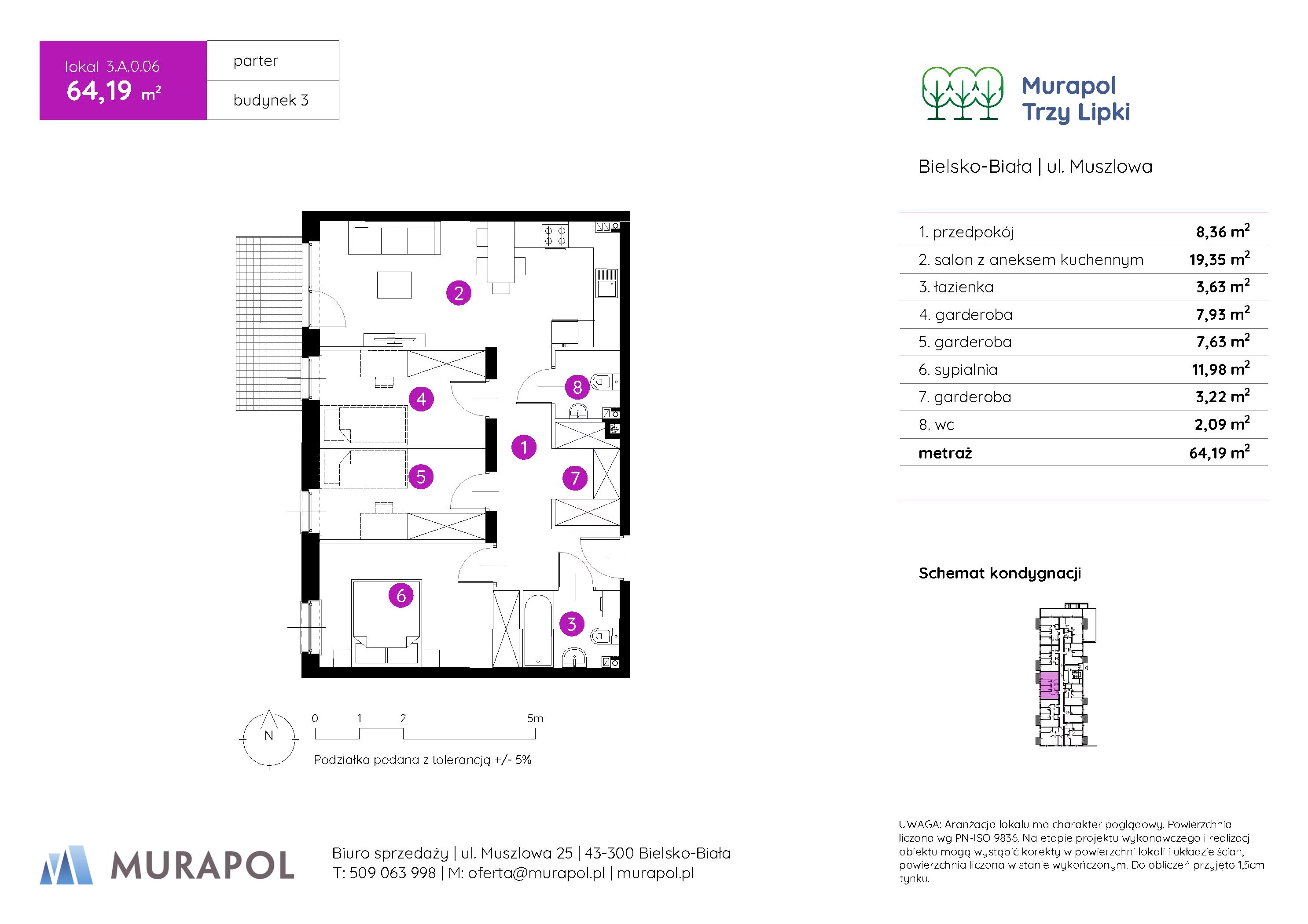 Mieszkanie 64,19 m², parter, oferta nr 3.A.0.06, Murapol Trzy Lipki, Bielsko-Biała, Stare Bielsko, ul. Muszlowa