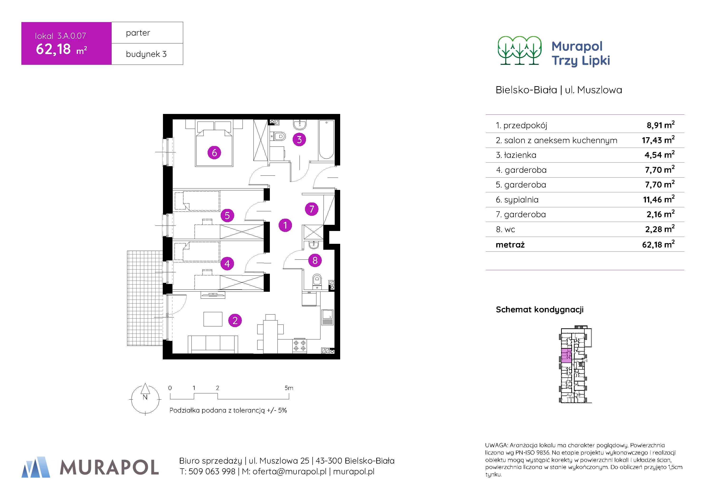 Mieszkanie 62,18 m², parter, oferta nr 3.A.0.07, Murapol Trzy Lipki, Bielsko-Biała, Stare Bielsko, ul. Muszlowa