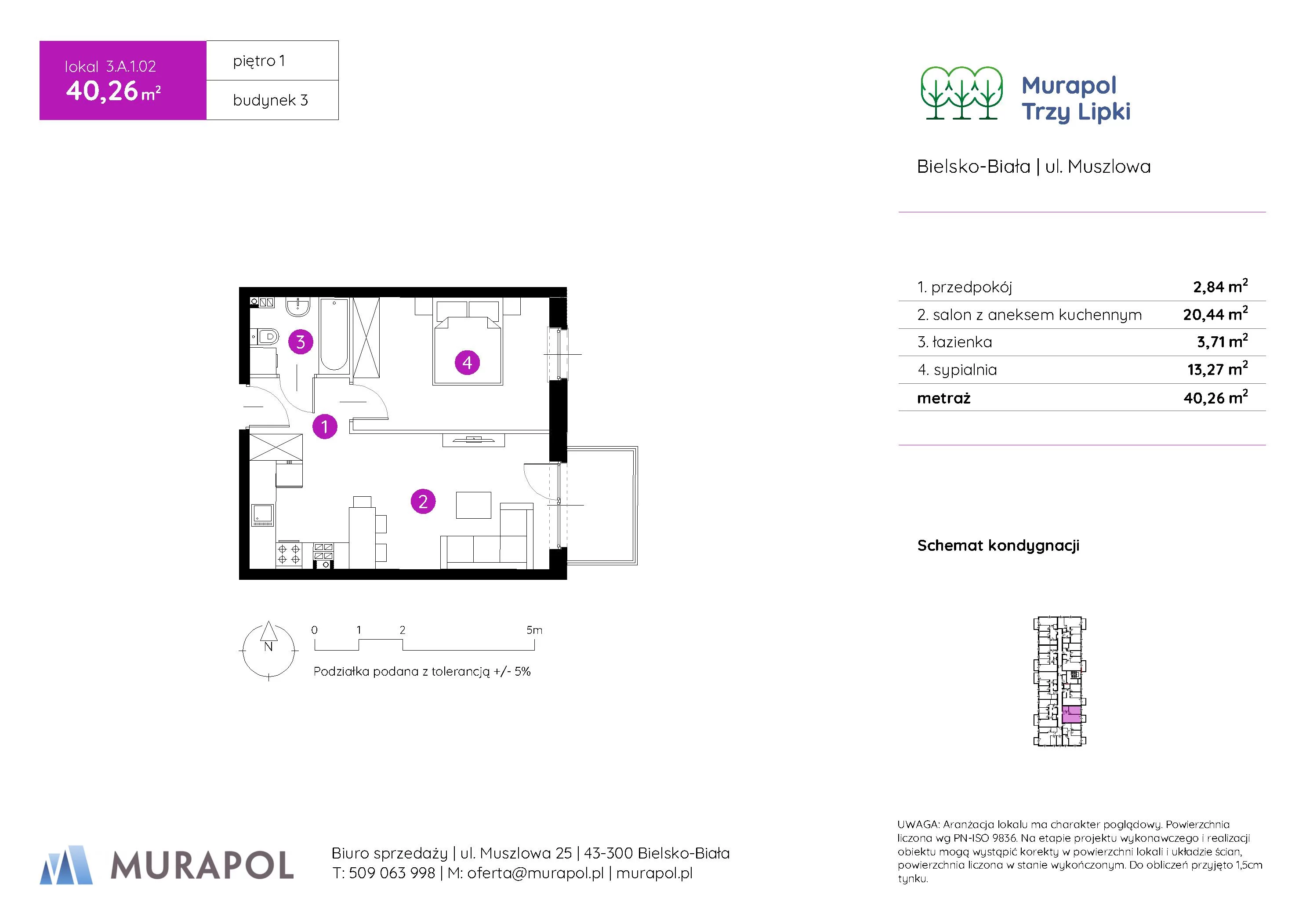 Mieszkanie 40,26 m², piętro 1, oferta nr 3.A.1.02, Murapol Trzy Lipki, Bielsko-Biała, Stare Bielsko, ul. Muszlowa