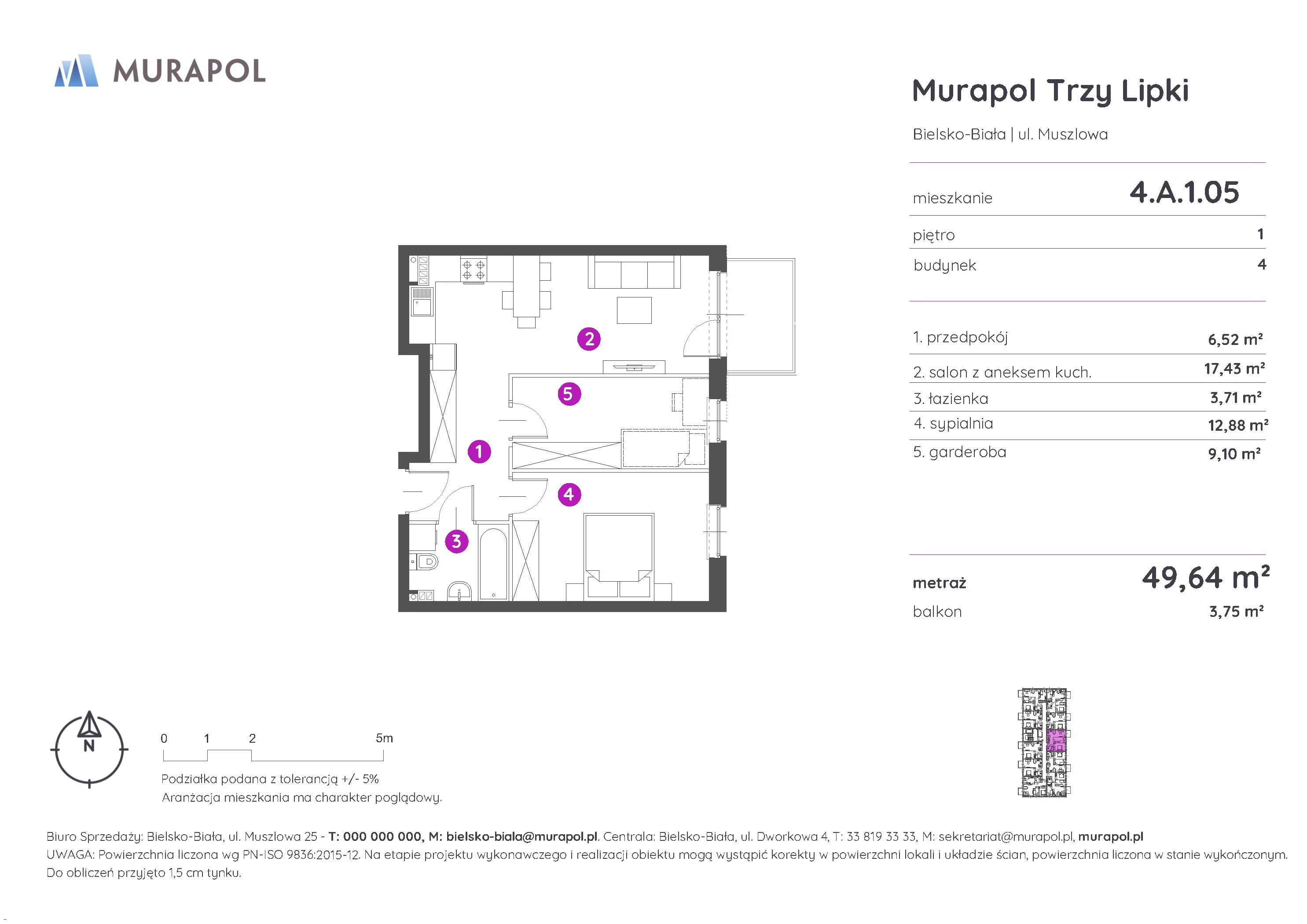 2 pokoje, mieszkanie 49,64 m², piętro 1, oferta nr 4.A.1.05, Murapol Trzy Lipki, Bielsko-Biała, Stare Bielsko, ul. Muszlowa