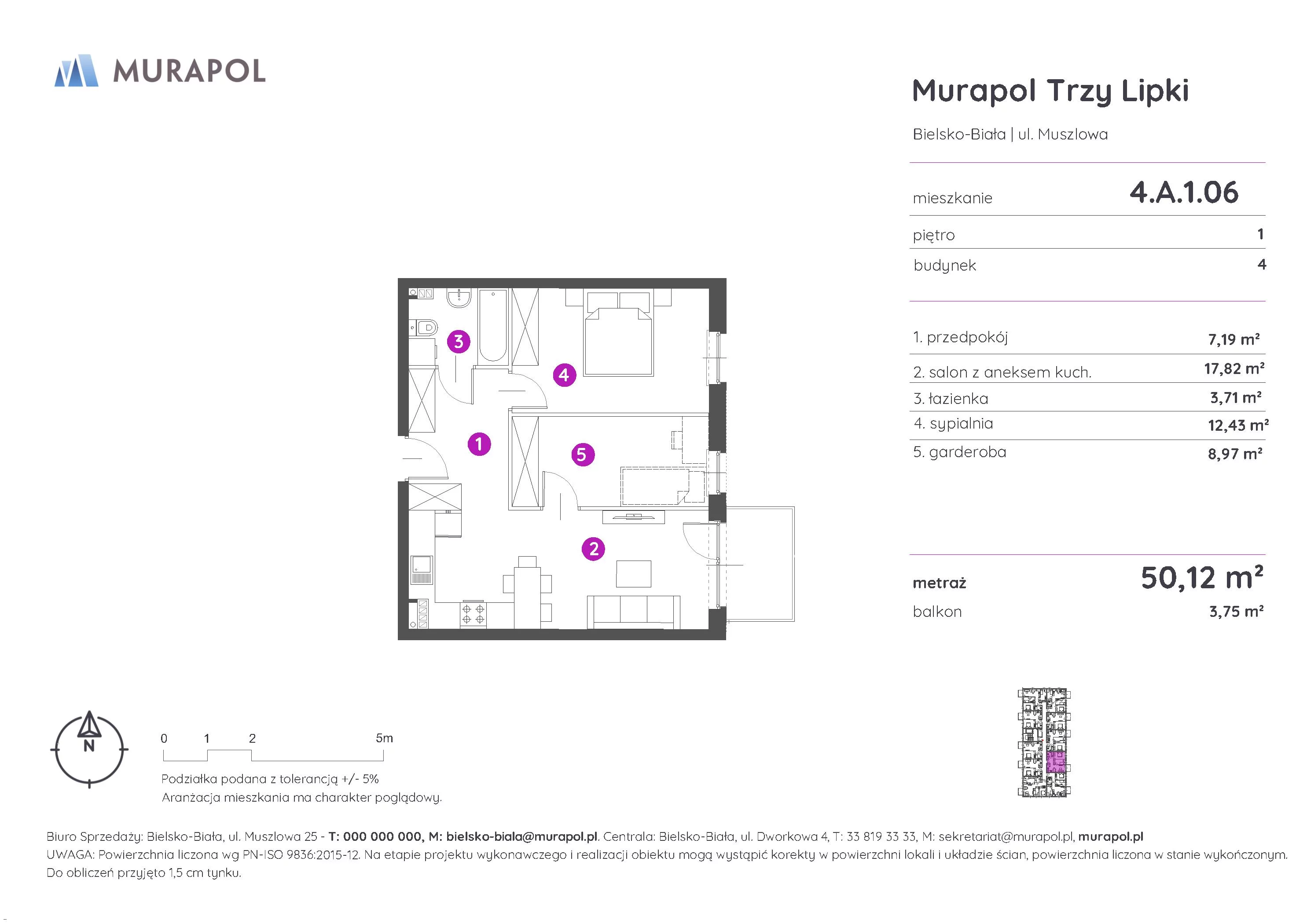 Mieszkanie 50,12 m², piętro 1, oferta nr 4.A.1.06, Murapol Trzy Lipki, Bielsko-Biała, Stare Bielsko, ul. Muszlowa