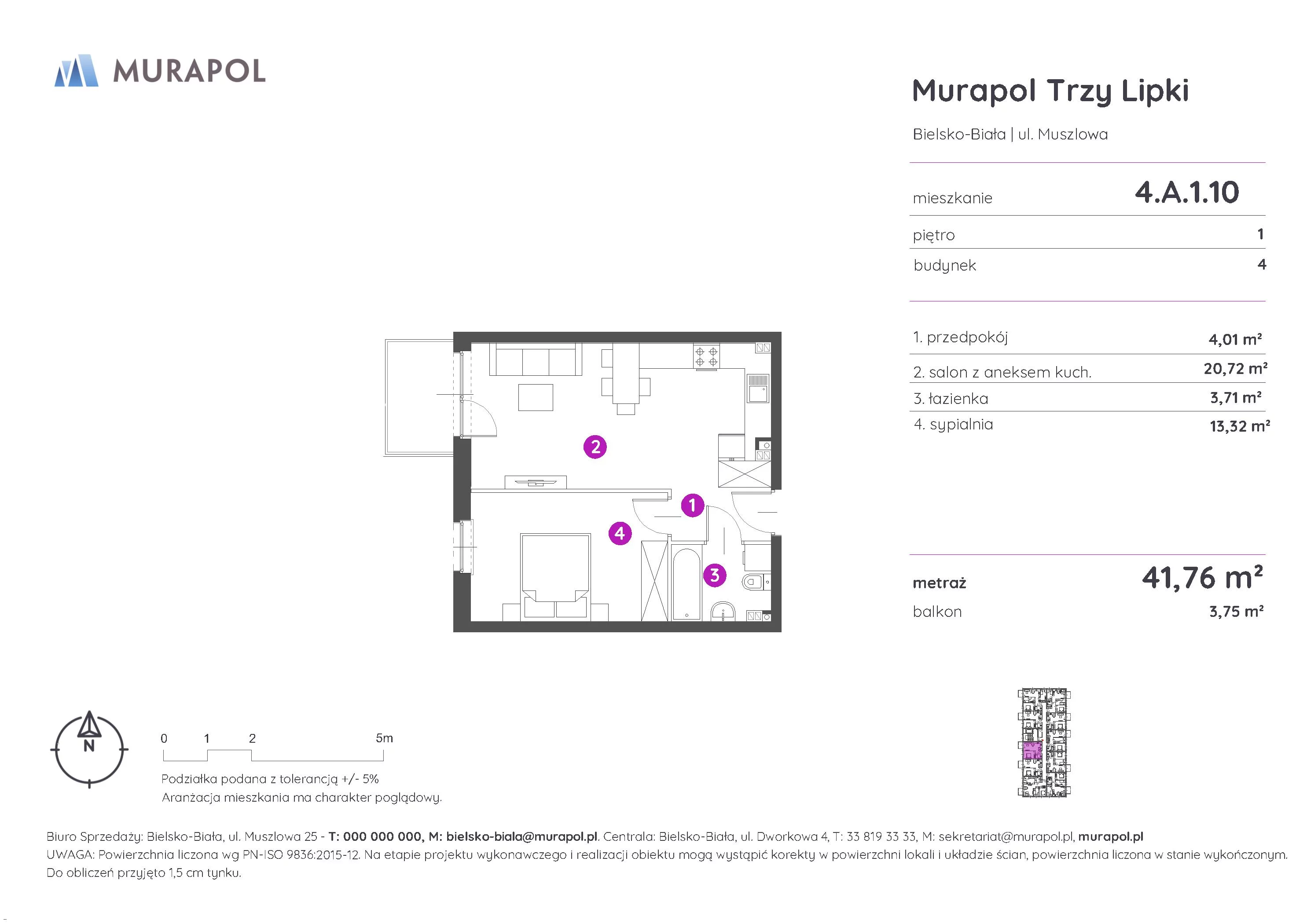 Mieszkanie 41,76 m², piętro 1, oferta nr 4.A.1.10, Murapol Trzy Lipki, Bielsko-Biała, Stare Bielsko, ul. Muszlowa