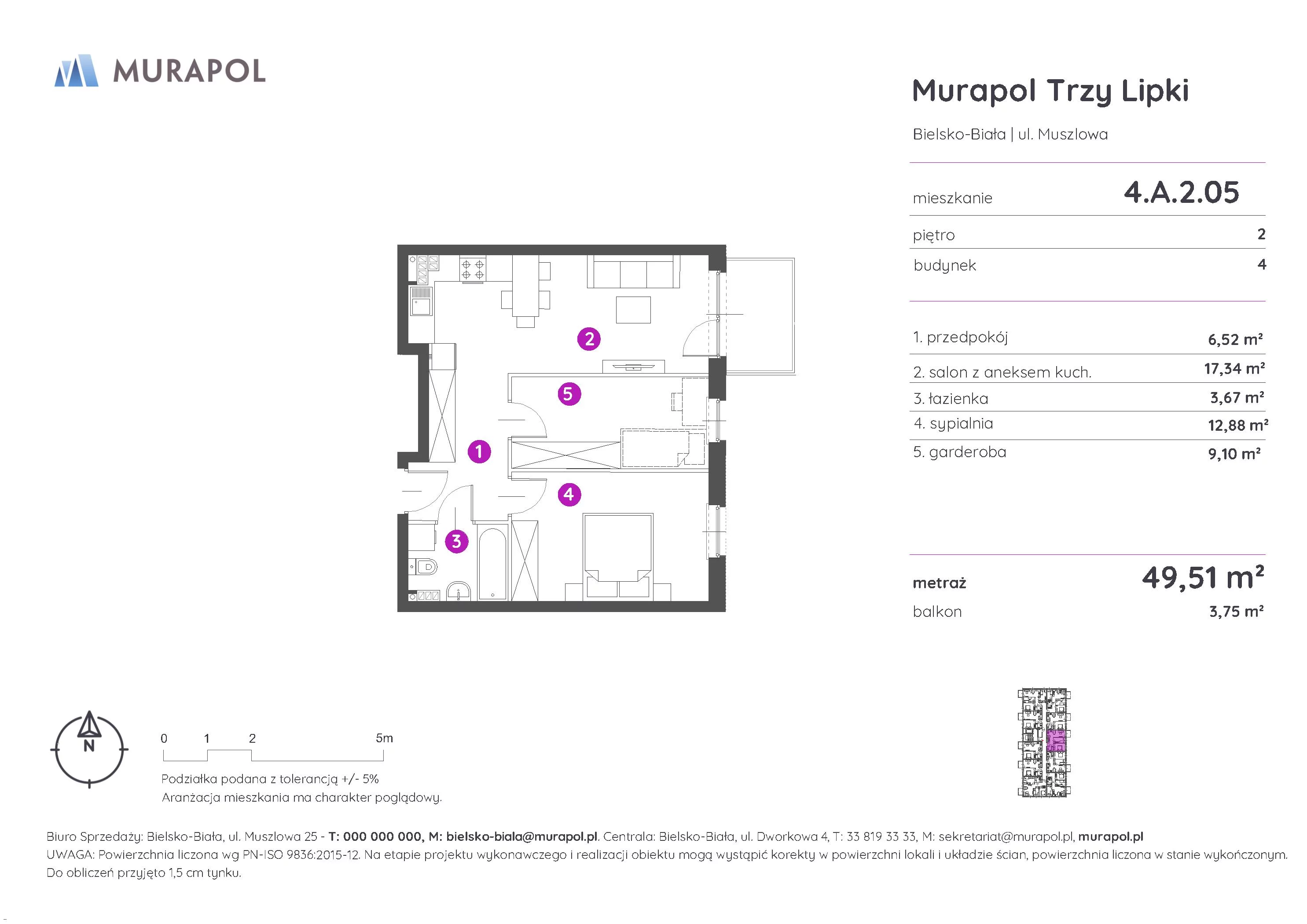 Mieszkanie 49,51 m², piętro 2, oferta nr 4.A.2.05, Murapol Trzy Lipki, Bielsko-Biała, Stare Bielsko, ul. Muszlowa