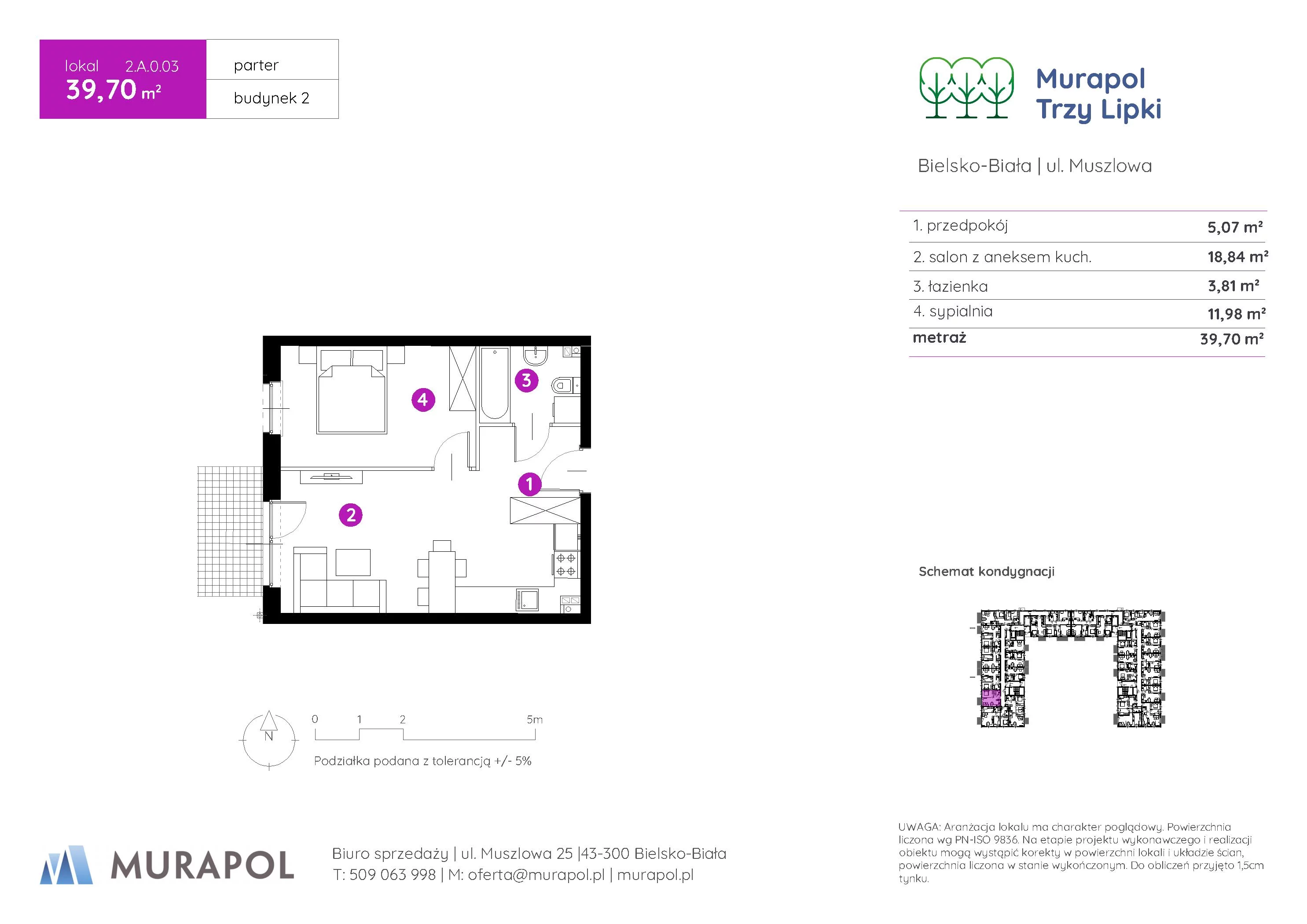2 pokoje, mieszkanie 39,70 m², parter, oferta nr 2.A.0.03, Murapol Trzy Lipki, Bielsko-Biała, Stare Bielsko, ul. Muszlowa