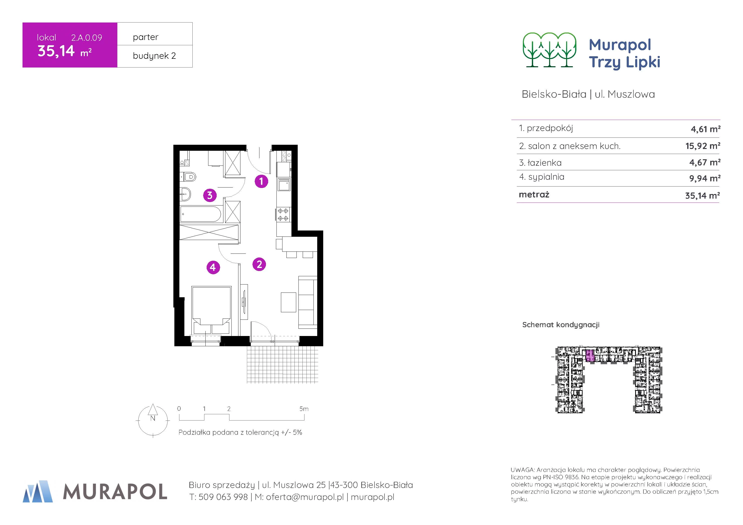 2 pokoje, mieszkanie 35,14 m², parter, oferta nr 2.A.0.09, Murapol Trzy Lipki, Bielsko-Biała, Stare Bielsko, ul. Muszlowa