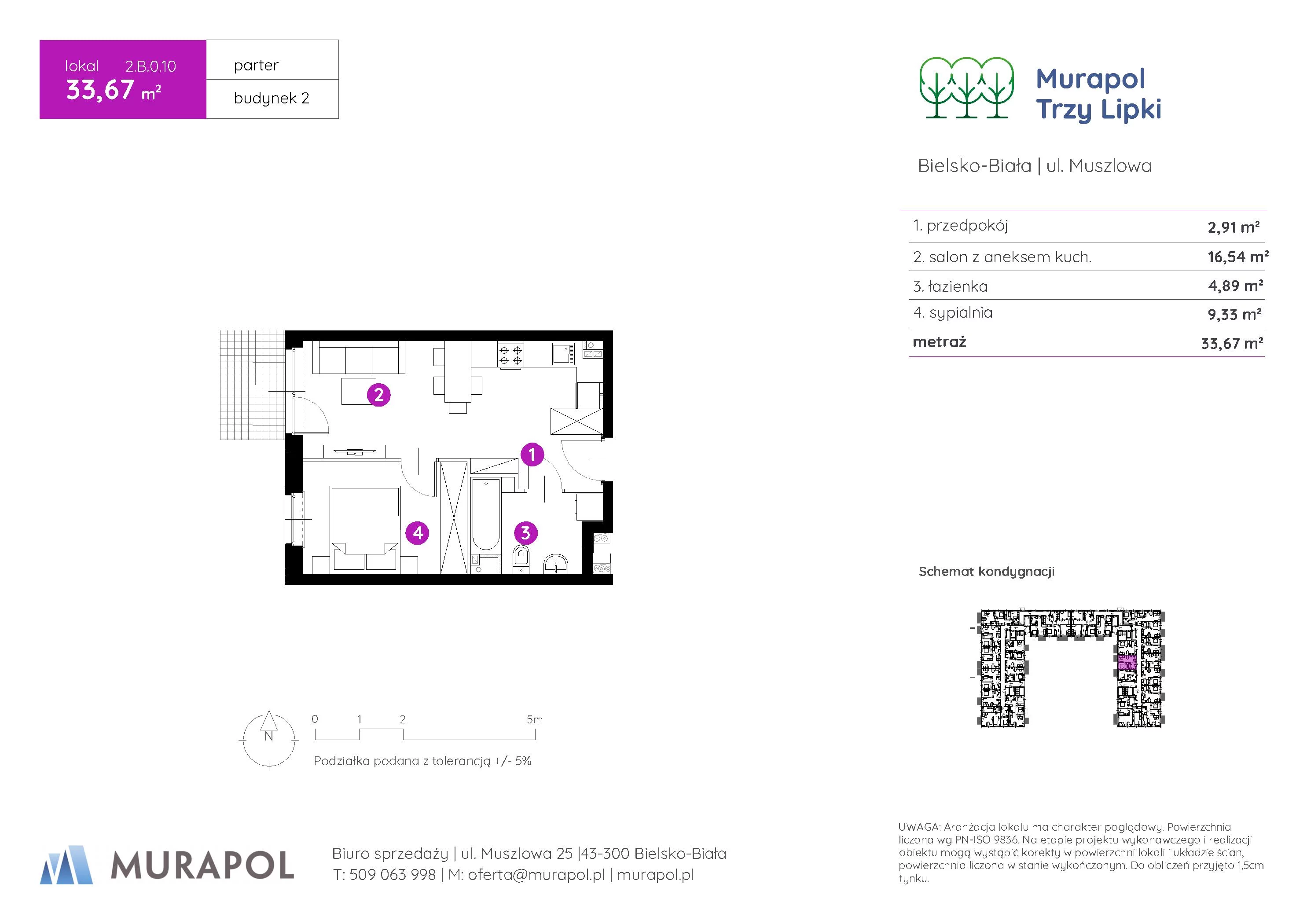 2 pokoje, mieszkanie 33,67 m², parter, oferta nr 2.B.0.10, Murapol Trzy Lipki, Bielsko-Biała, Stare Bielsko, ul. Muszlowa
