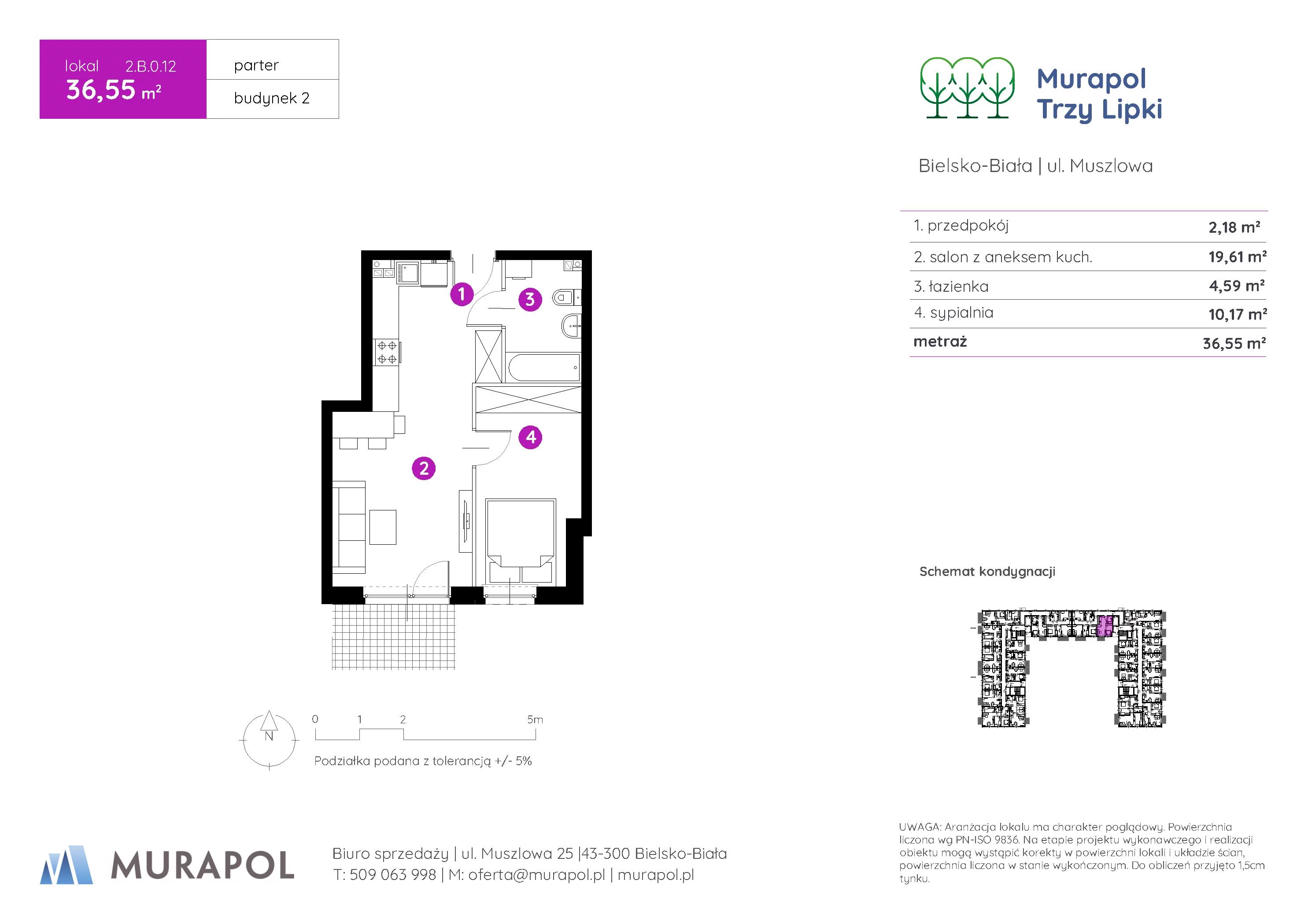 2 pokoje, mieszkanie 36,55 m², parter, oferta nr 2.B.0.12, Murapol Trzy Lipki, Bielsko-Biała, Stare Bielsko, ul. Muszlowa