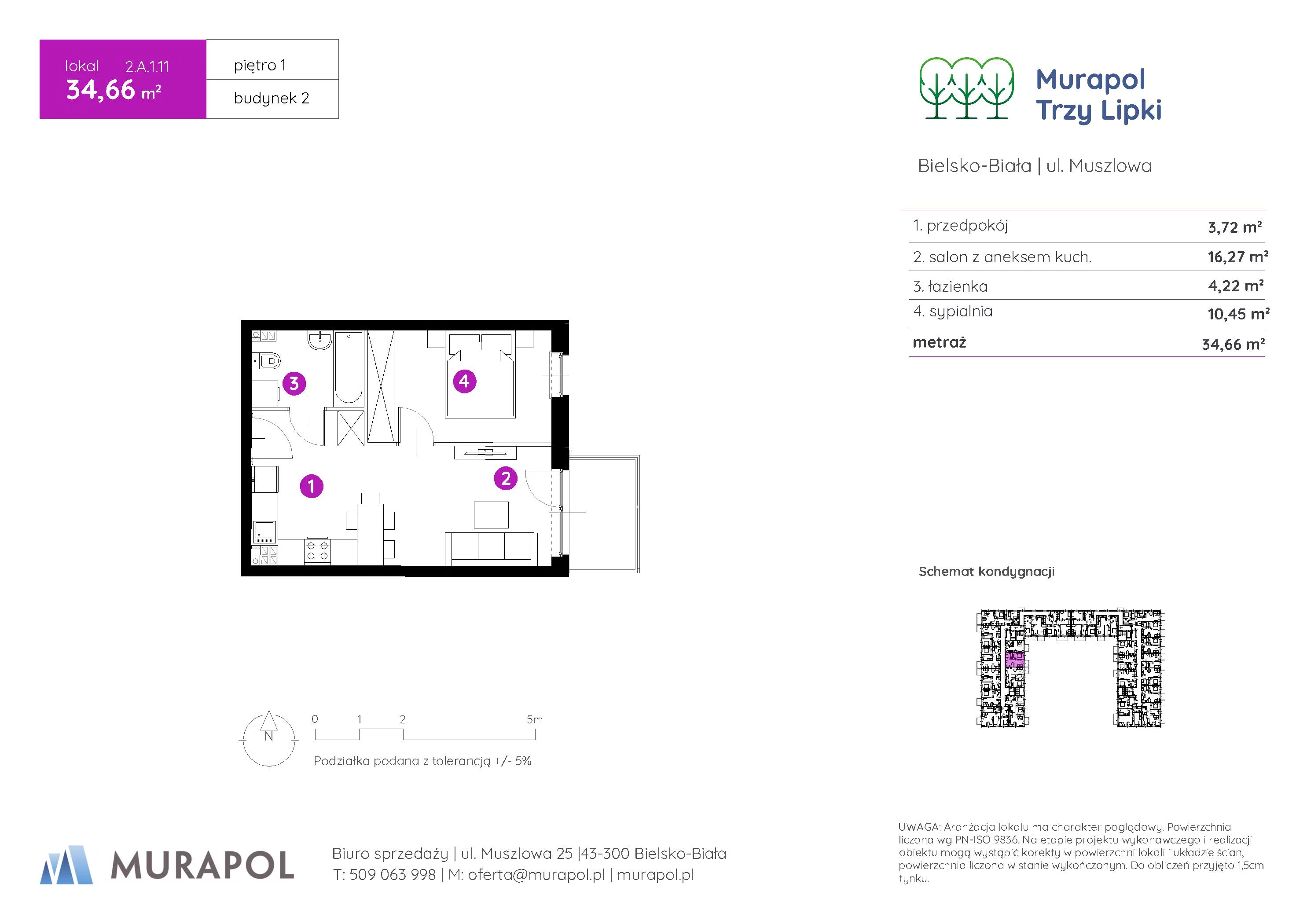 2 pokoje, mieszkanie 34,66 m², piętro 1, oferta nr 2.A.1.11, Murapol Trzy Lipki, Bielsko-Biała, Stare Bielsko, ul. Muszlowa