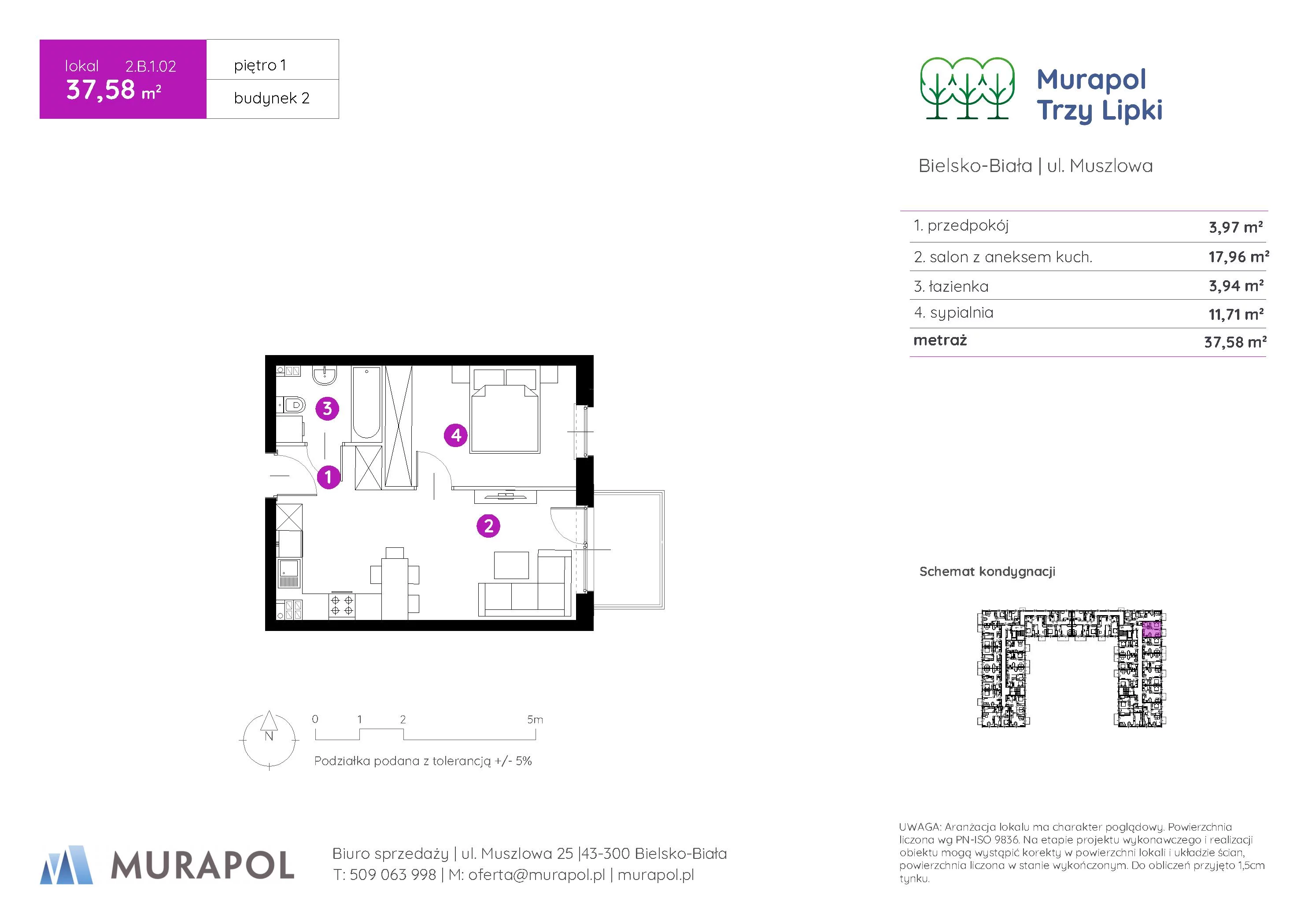 2 pokoje, mieszkanie 37,58 m², piętro 1, oferta nr 2.B.1.02, Murapol Trzy Lipki, Bielsko-Biała, Stare Bielsko, ul. Muszlowa