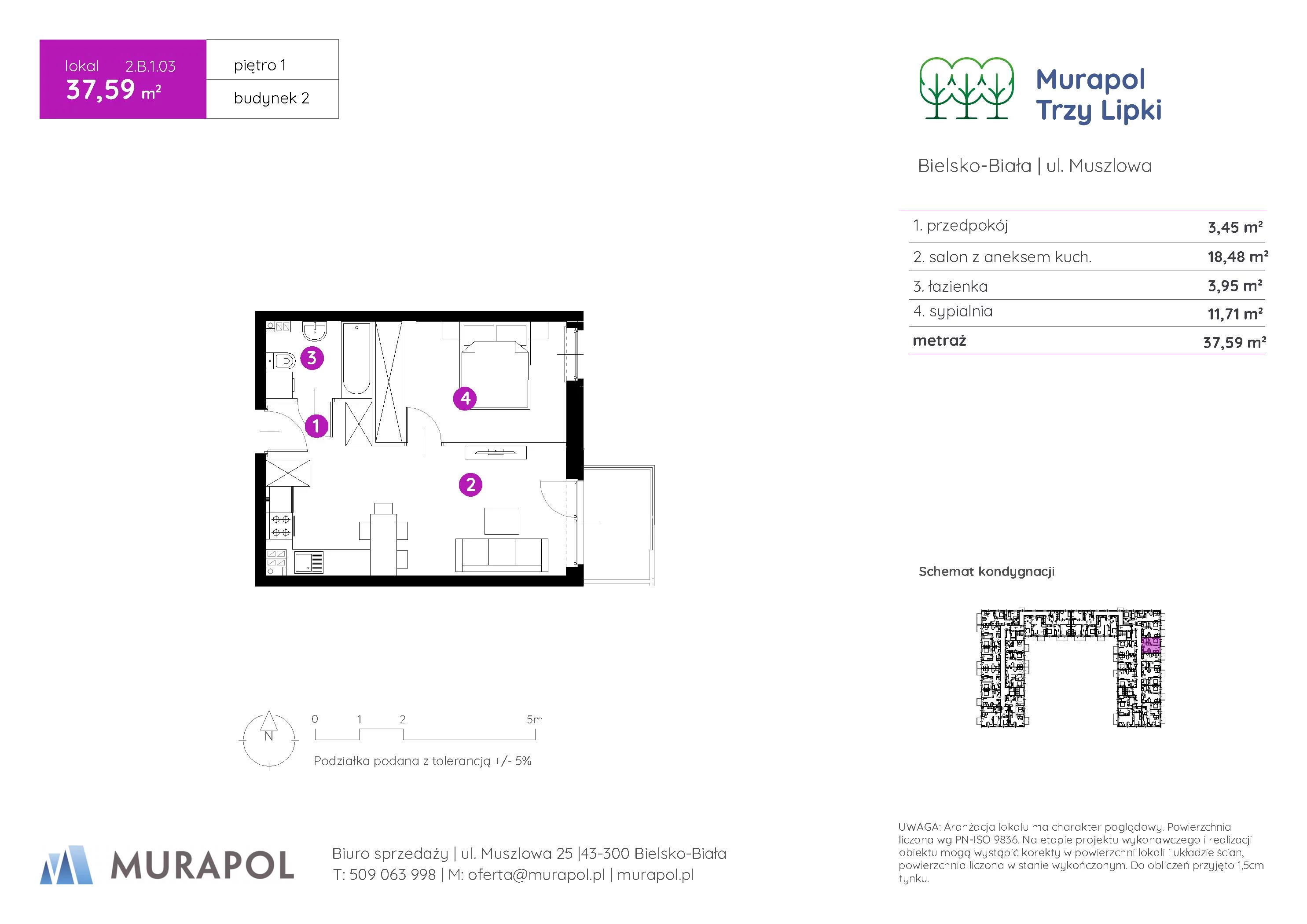 2 pokoje, mieszkanie 37,59 m², piętro 1, oferta nr 2.B.1.03, Murapol Trzy Lipki, Bielsko-Biała, Stare Bielsko, ul. Muszlowa