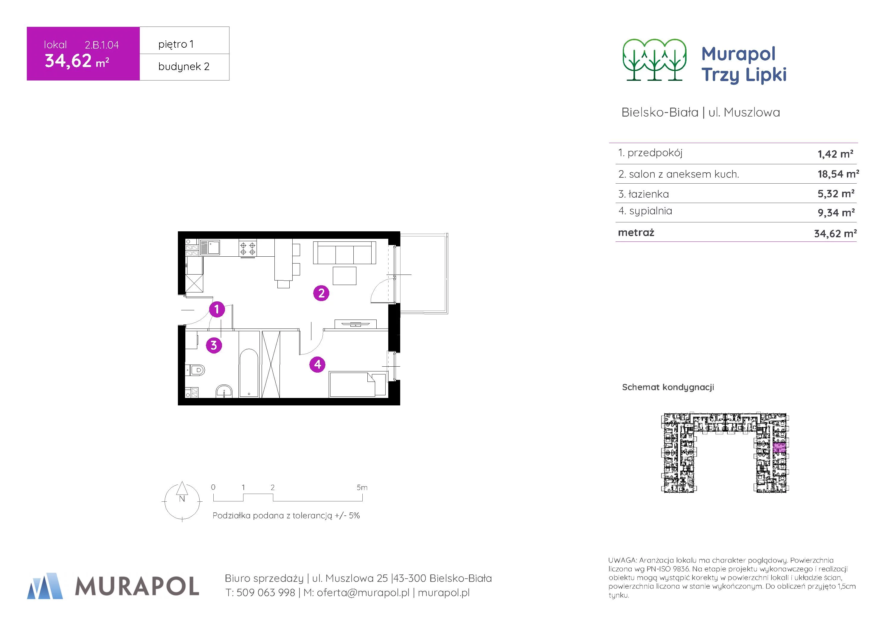 2 pokoje, mieszkanie 34,62 m², piętro 1, oferta nr 2.B.1.04, Murapol Trzy Lipki, Bielsko-Biała, Stare Bielsko, ul. Muszlowa