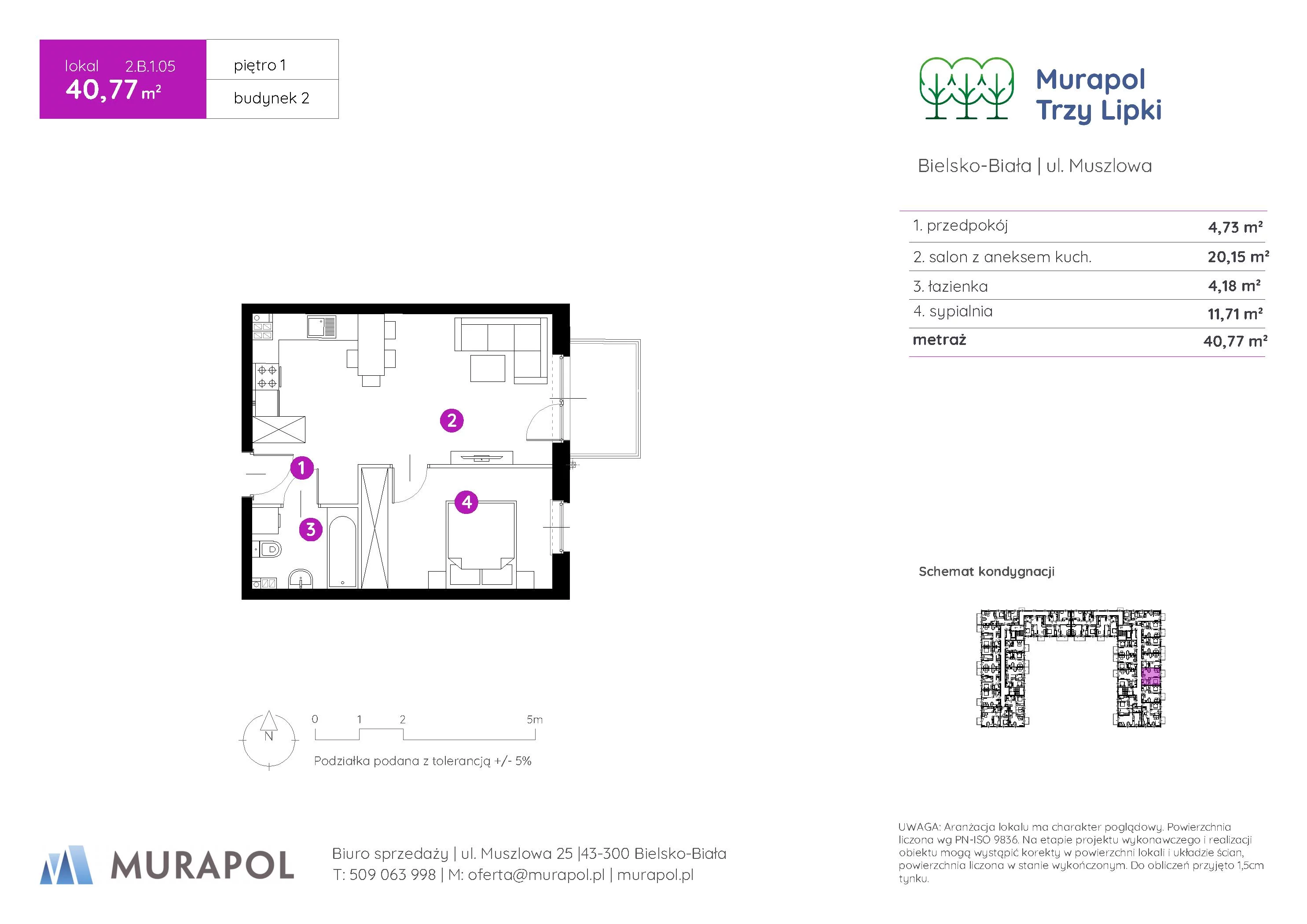 2 pokoje, mieszkanie 40,77 m², piętro 1, oferta nr 2.B.1.05, Murapol Trzy Lipki, Bielsko-Biała, Stare Bielsko, ul. Muszlowa