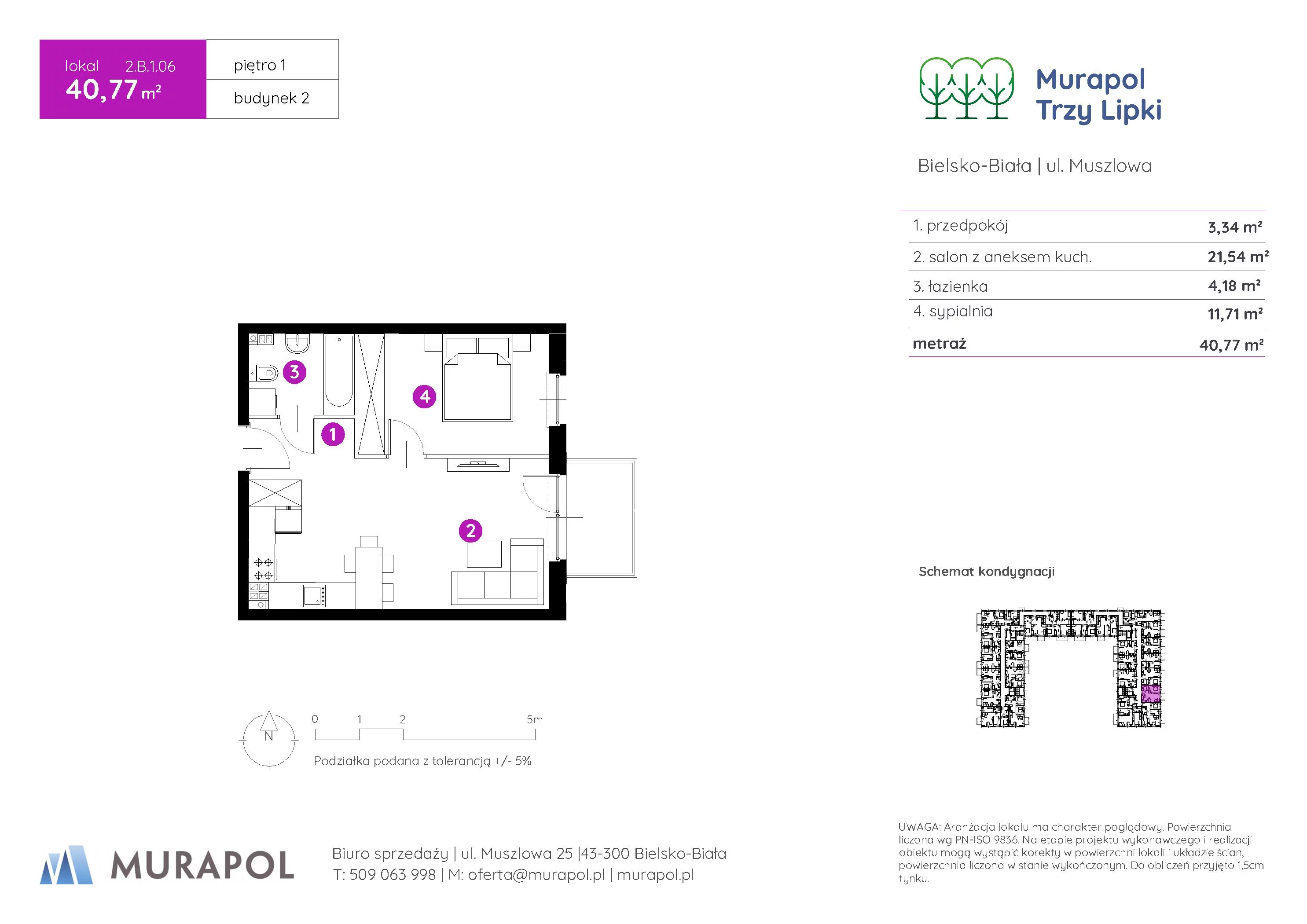 2 pokoje, mieszkanie 40,77 m², piętro 1, oferta nr 2.B.1.06, Murapol Trzy Lipki, Bielsko-Biała, Stare Bielsko, ul. Muszlowa