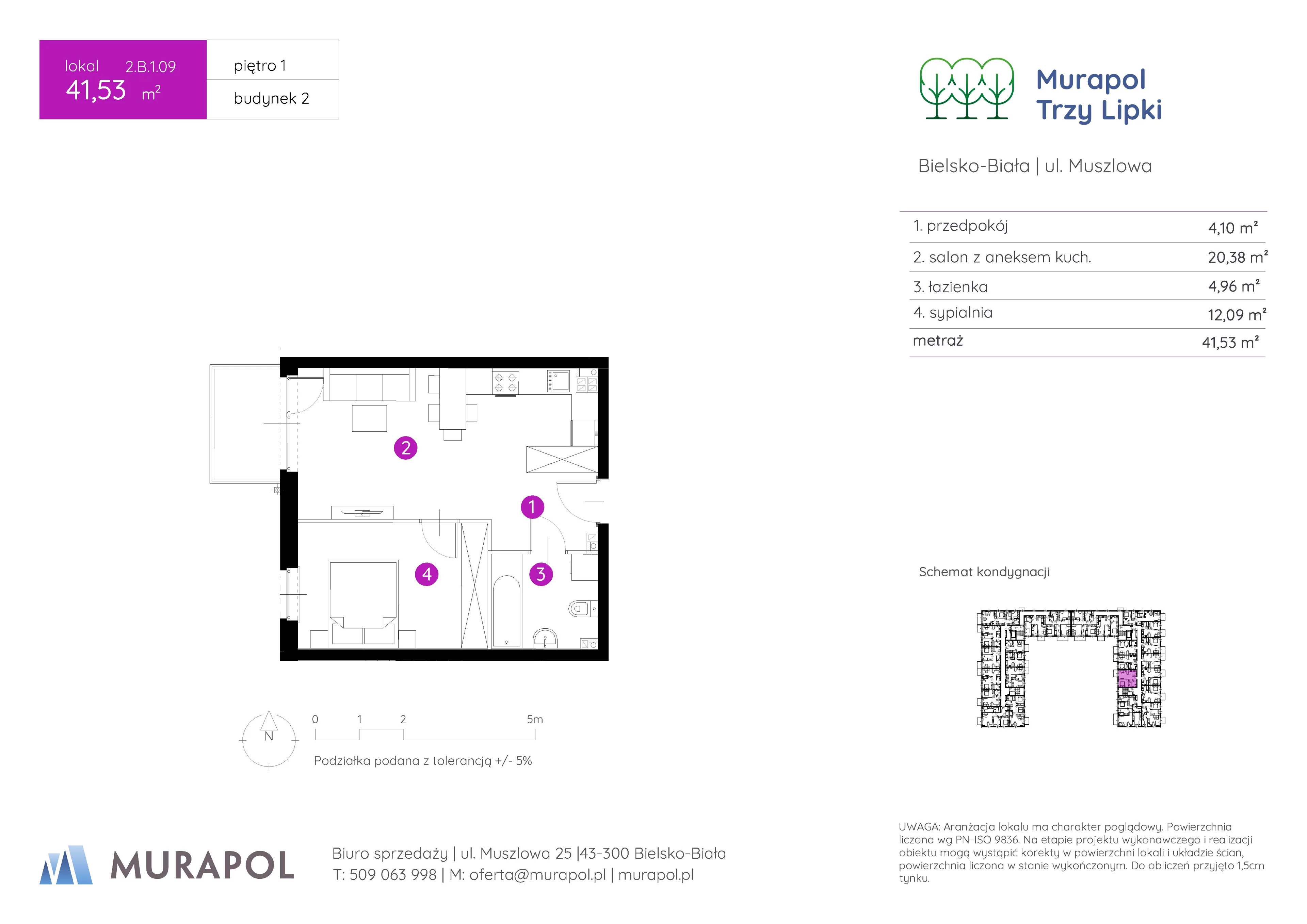 2 pokoje, mieszkanie 41,53 m², piętro 1, oferta nr 2.B.1.09, Murapol Trzy Lipki, Bielsko-Biała, Stare Bielsko, ul. Muszlowa