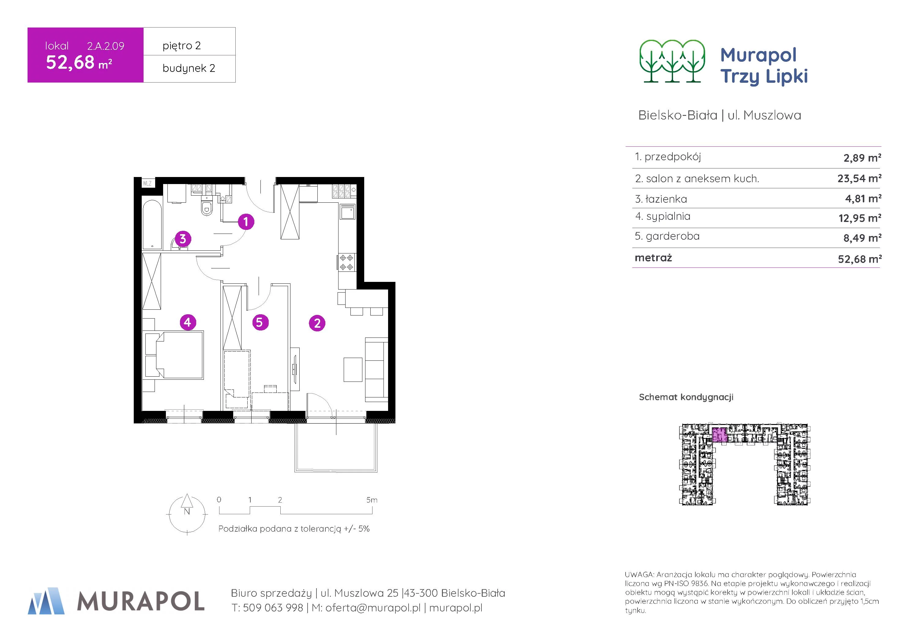 2 pokoje, mieszkanie 52,68 m², piętro 2, oferta nr 2.A.2.09, Murapol Trzy Lipki, Bielsko-Biała, Stare Bielsko, ul. Muszlowa
