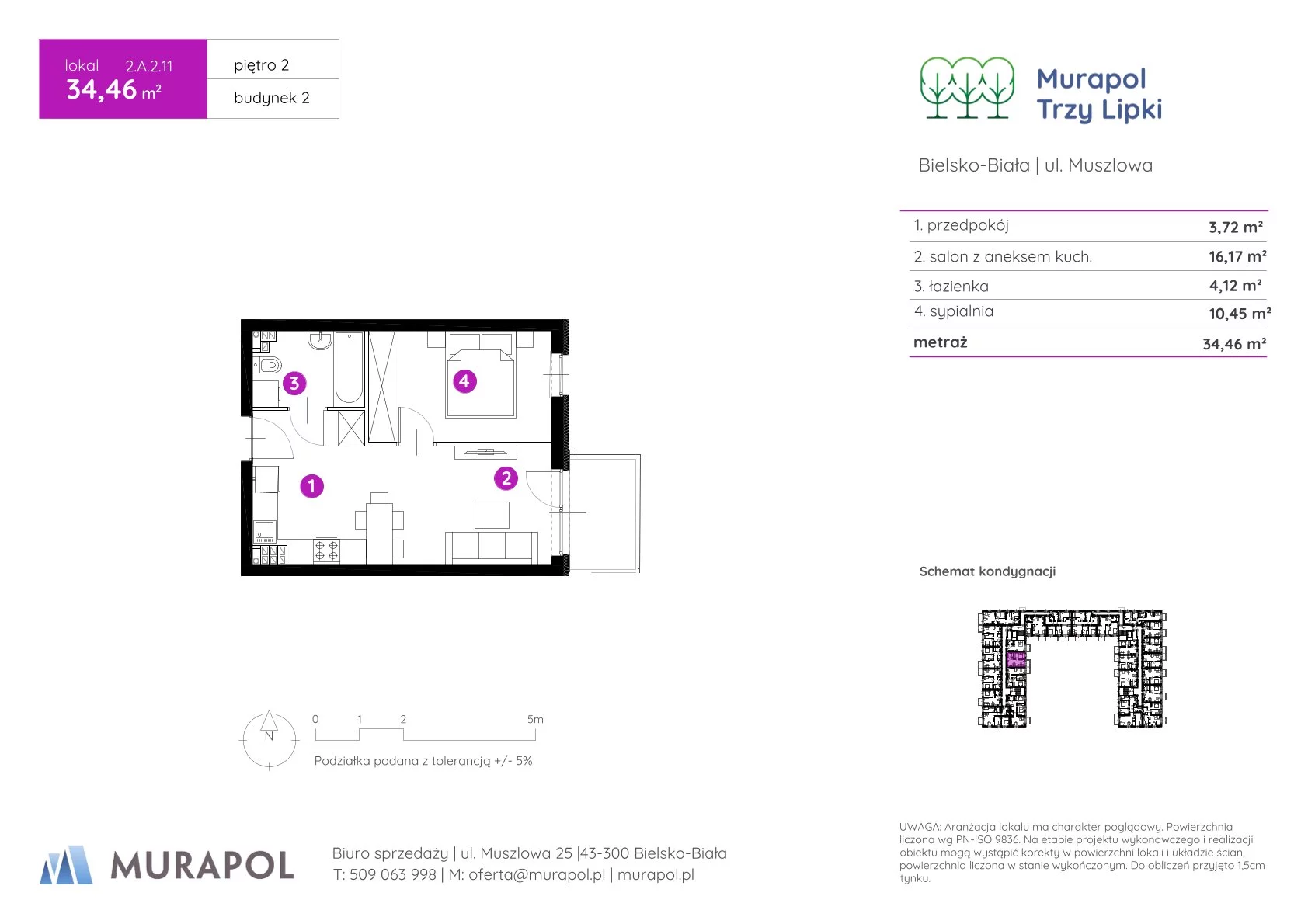 2 pokoje, mieszkanie 34,46 m², piętro 2, oferta nr 2.A.2.11, Murapol Trzy Lipki, Bielsko-Biała, Stare Bielsko, ul. Muszlowa