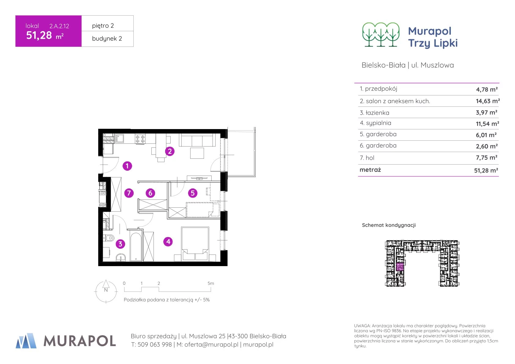 2 pokoje, mieszkanie 51,28 m², piętro 2, oferta nr 2.A.2.12, Murapol Trzy Lipki, Bielsko-Biała, Stare Bielsko, ul. Muszlowa
