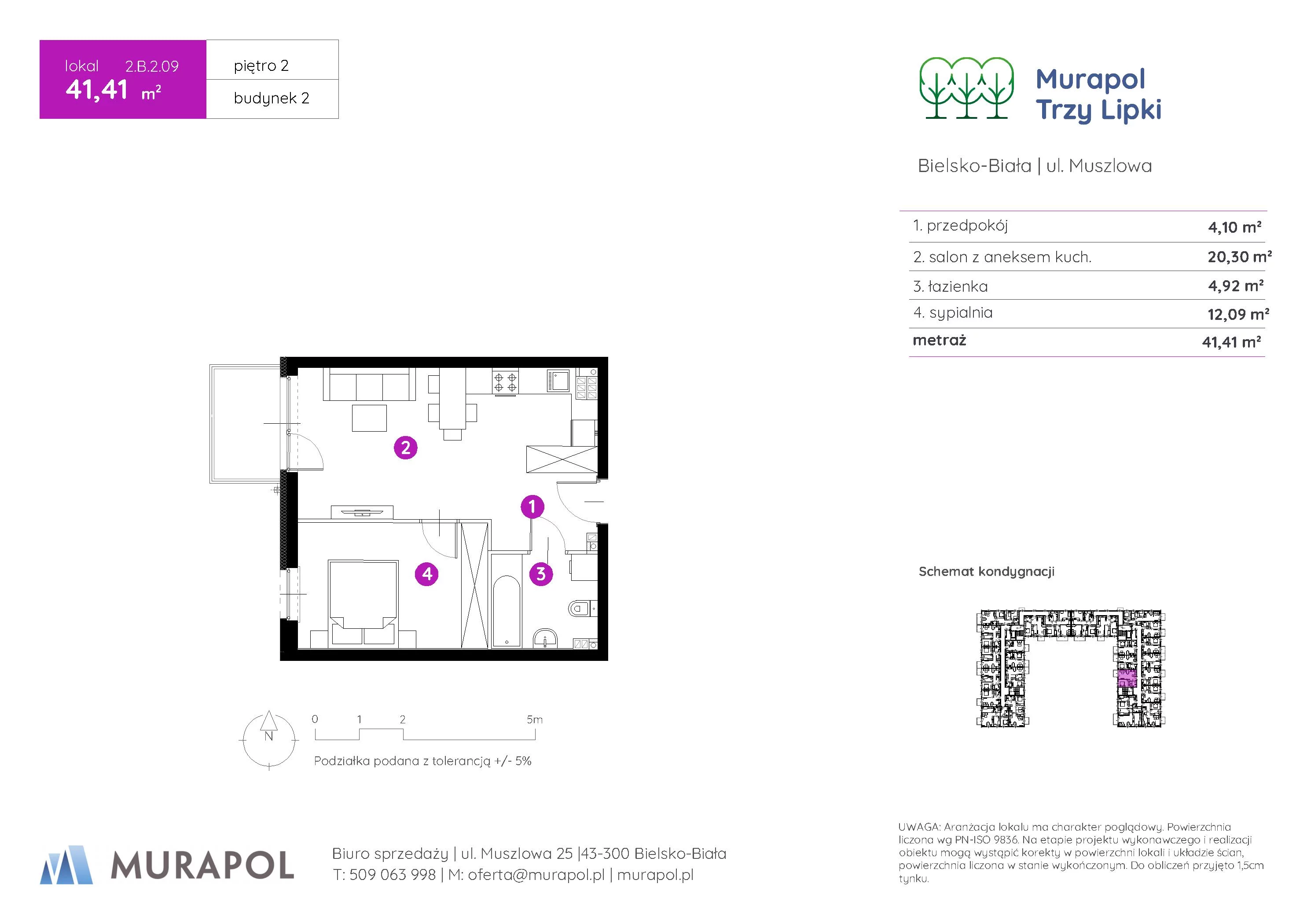 2 pokoje, mieszkanie 41,41 m², piętro 2, oferta nr 2.B.2.09, Murapol Trzy Lipki, Bielsko-Biała, Stare Bielsko, ul. Muszlowa