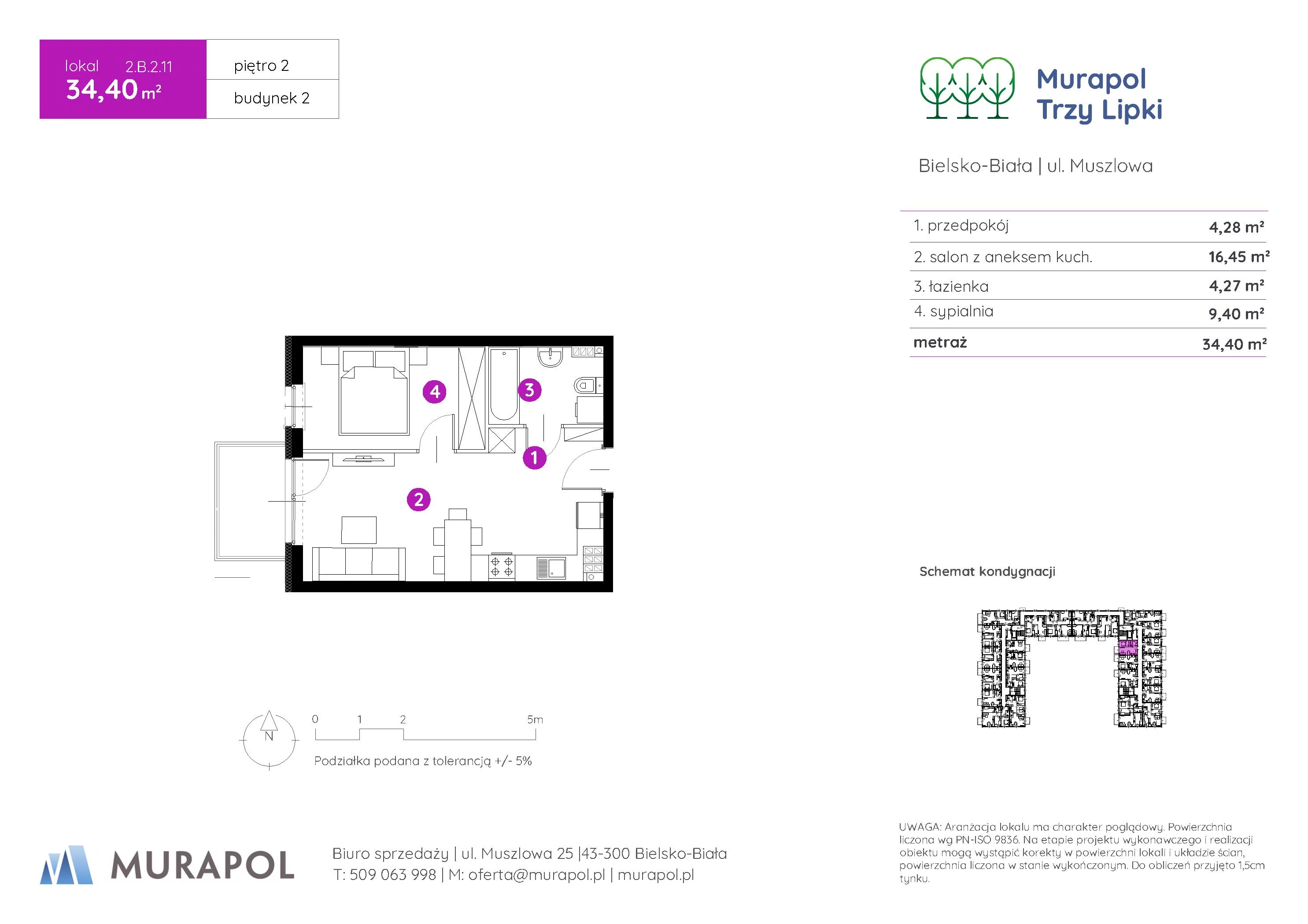 2 pokoje, mieszkanie 34,40 m², piętro 2, oferta nr 2.B.2.11, Murapol Trzy Lipki, Bielsko-Biała, Stare Bielsko, ul. Muszlowa