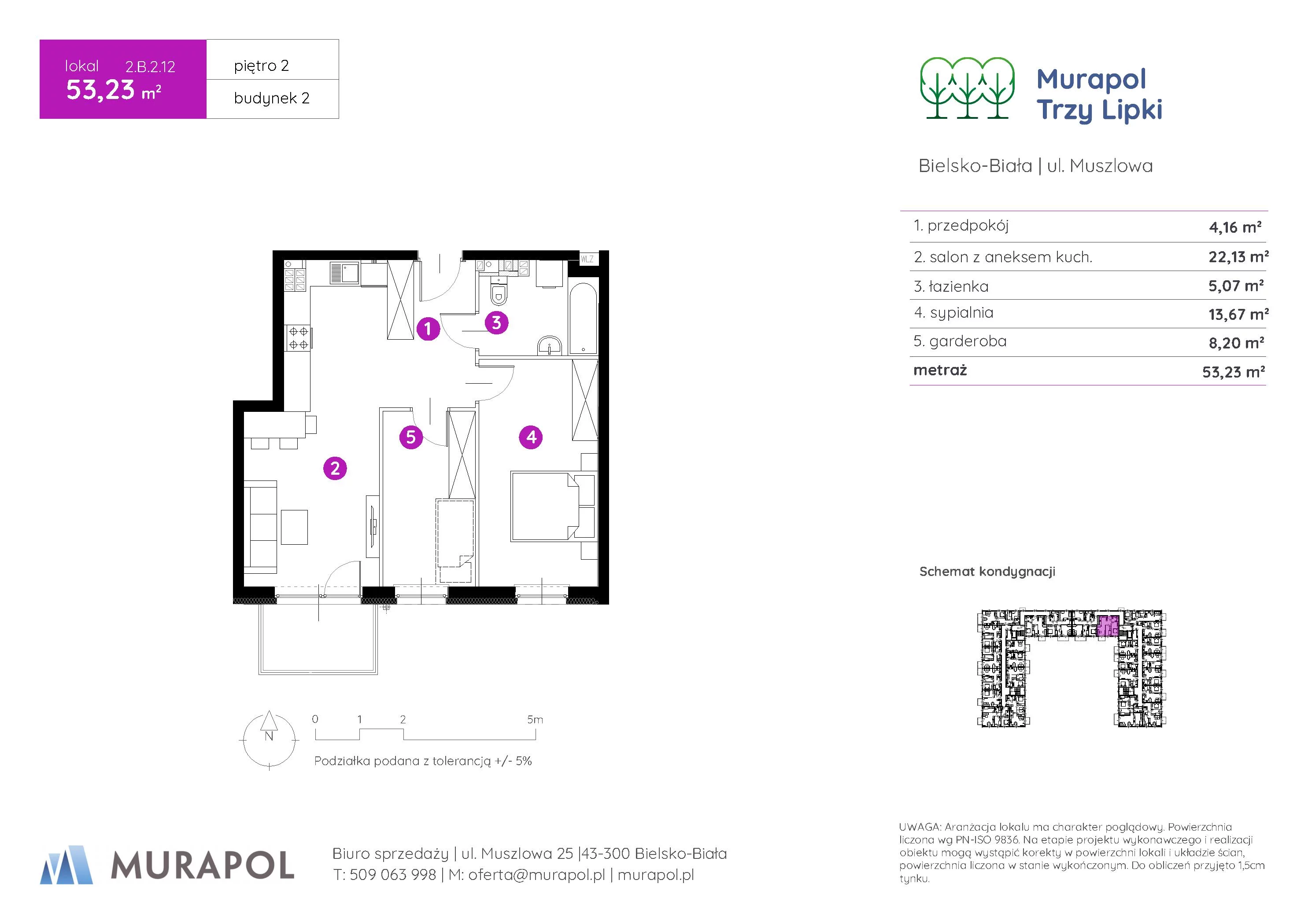 2 pokoje, mieszkanie 53,23 m², piętro 2, oferta nr 2.B.2.12, Murapol Trzy Lipki, Bielsko-Biała, Stare Bielsko, ul. Muszlowa
