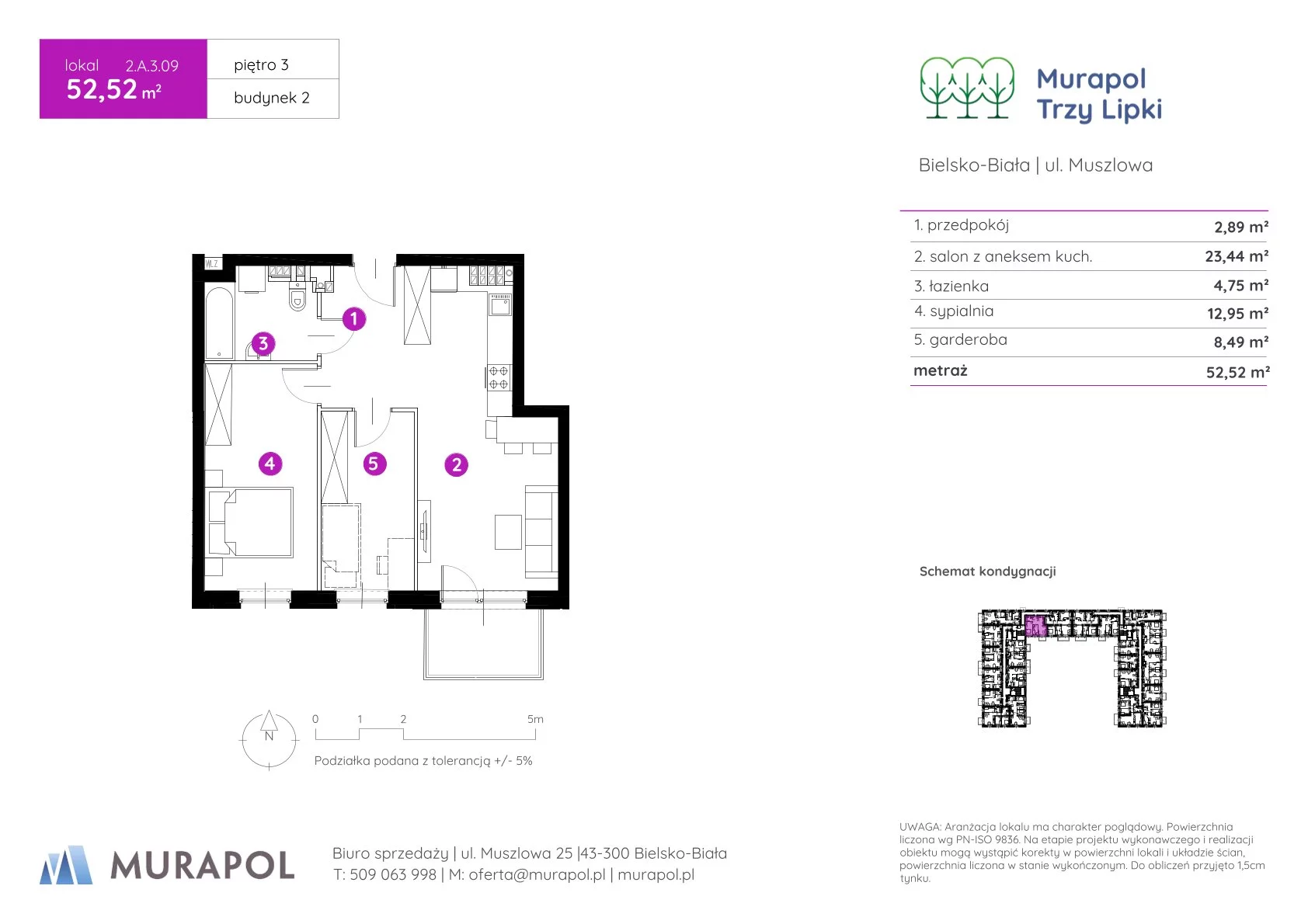 2 pokoje, mieszkanie 52,52 m², piętro 3, oferta nr 2.A.3.09, Murapol Trzy Lipki, Bielsko-Biała, Stare Bielsko, ul. Muszlowa